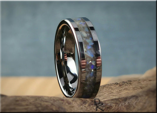 Tungsten Carbide Ring with White Aventurine and Australian Coober Pedy Opal inlay, flat edge