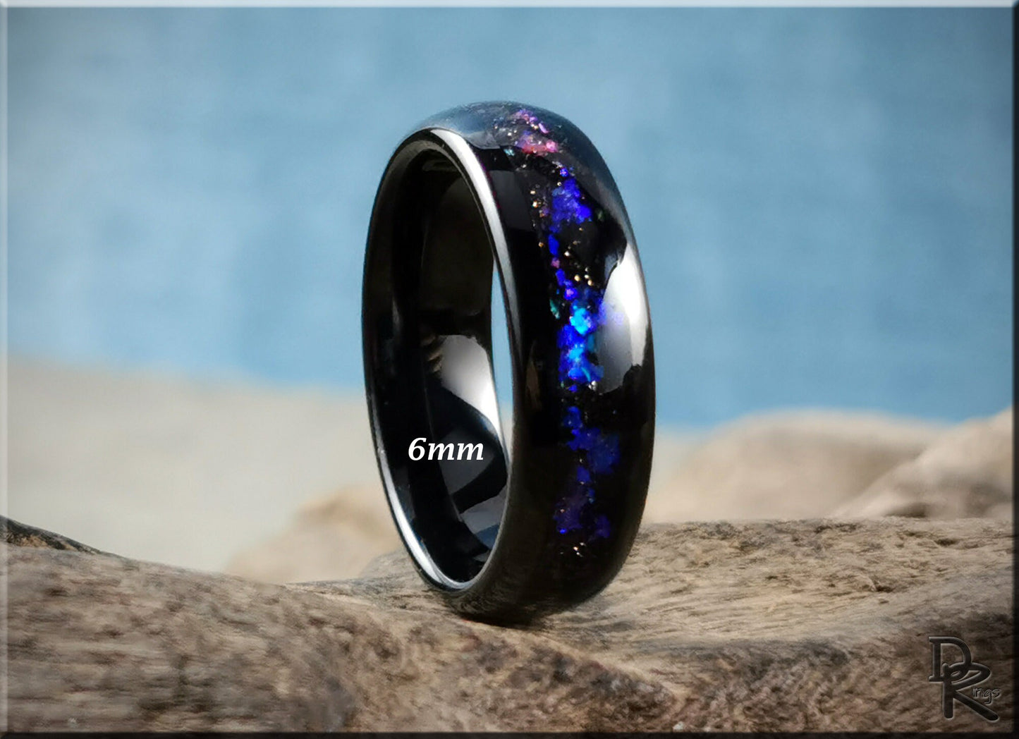 Polished Black Tungsten Carbide Channel Ring w/Celestial Sandstone inlay - tungsten ring