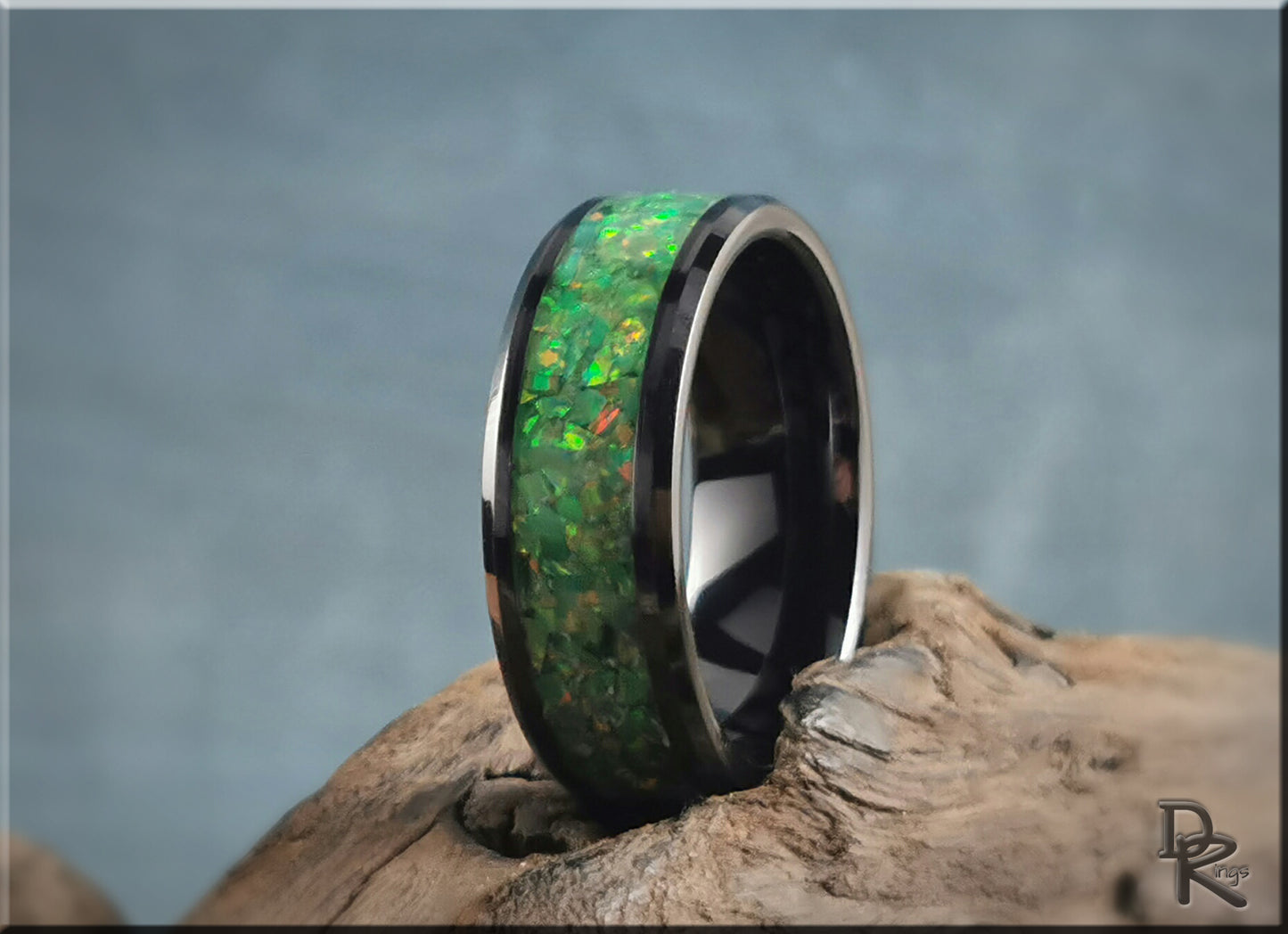 Black Ceramic Channel Ring w/Opal and Glow inlay - ceramic ring