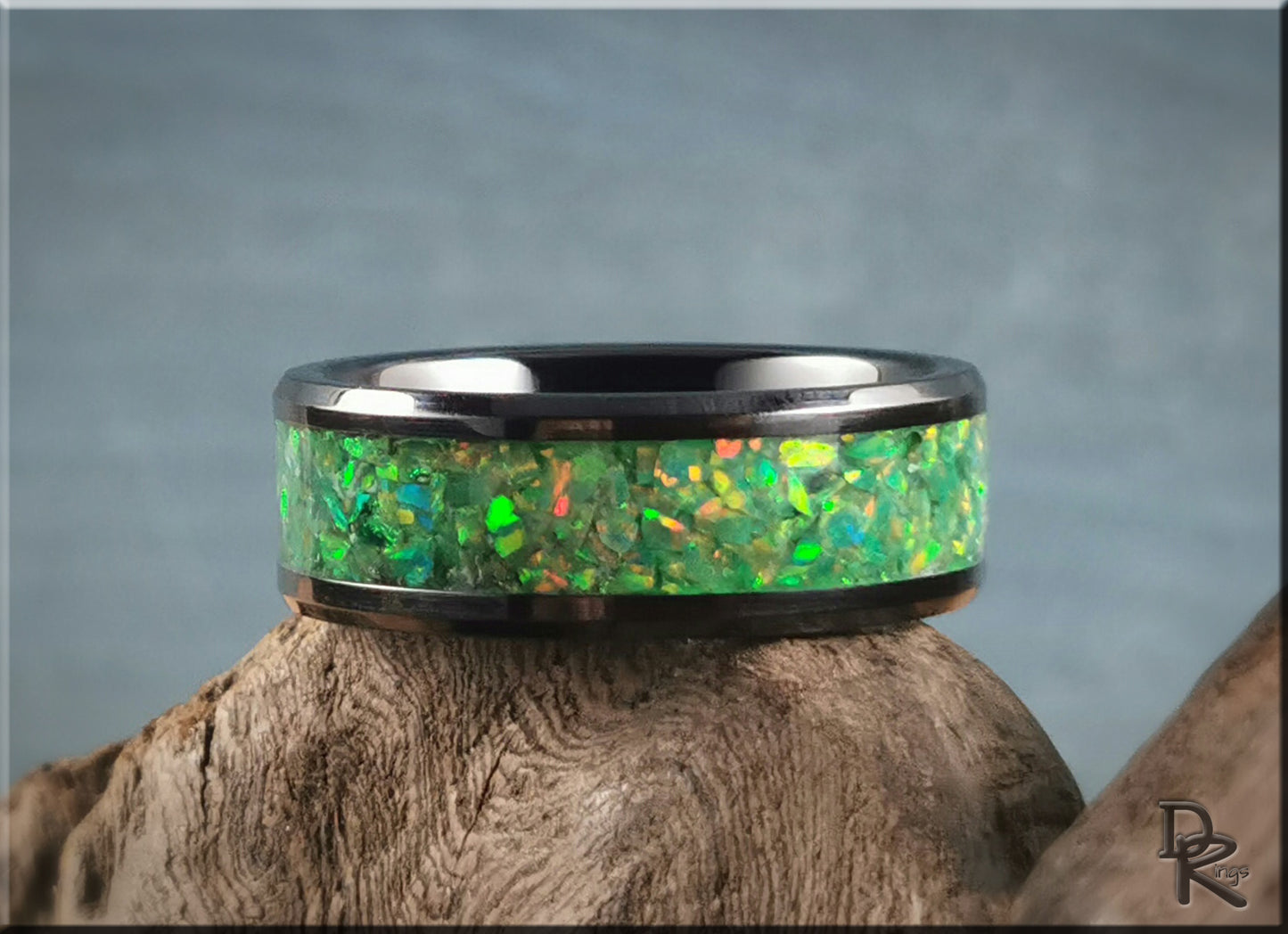 Black Ceramic Channel Ring w/Opal and Glow inlay - ceramic ring