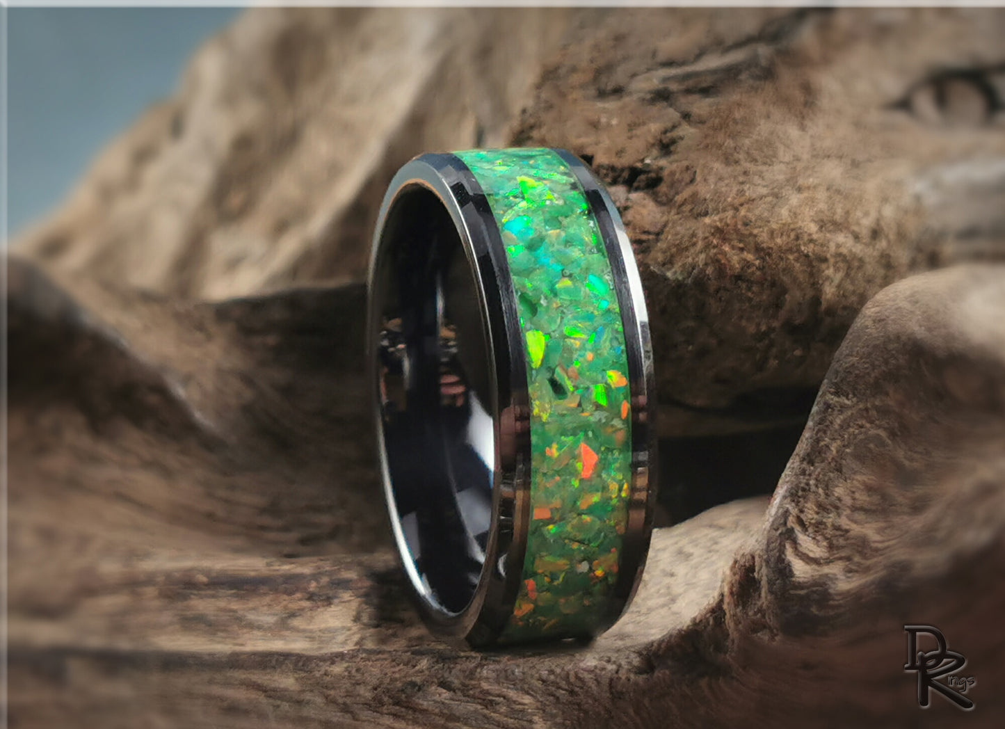 Black Ceramic Channel Ring w/Opal and Glow inlay - ceramic ring