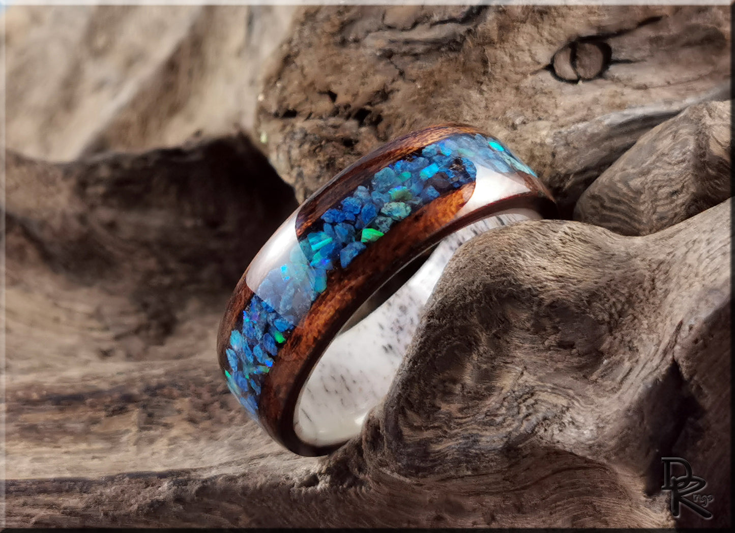 Bentwood Ring - Smoked Etimoe w/Shattuckite and Opal inlay on deer antler ring core - wood ring