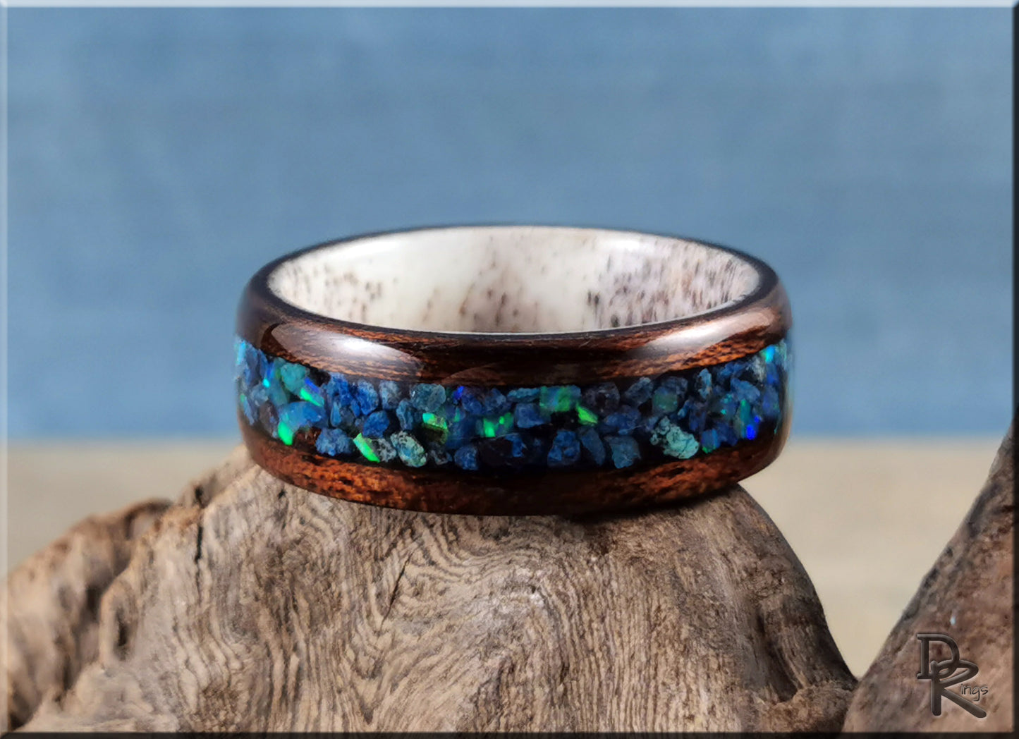 Bentwood Ring - Smoked Etimoe w/Shattuckite and Opal inlay on deer antler ring core - wood ring
