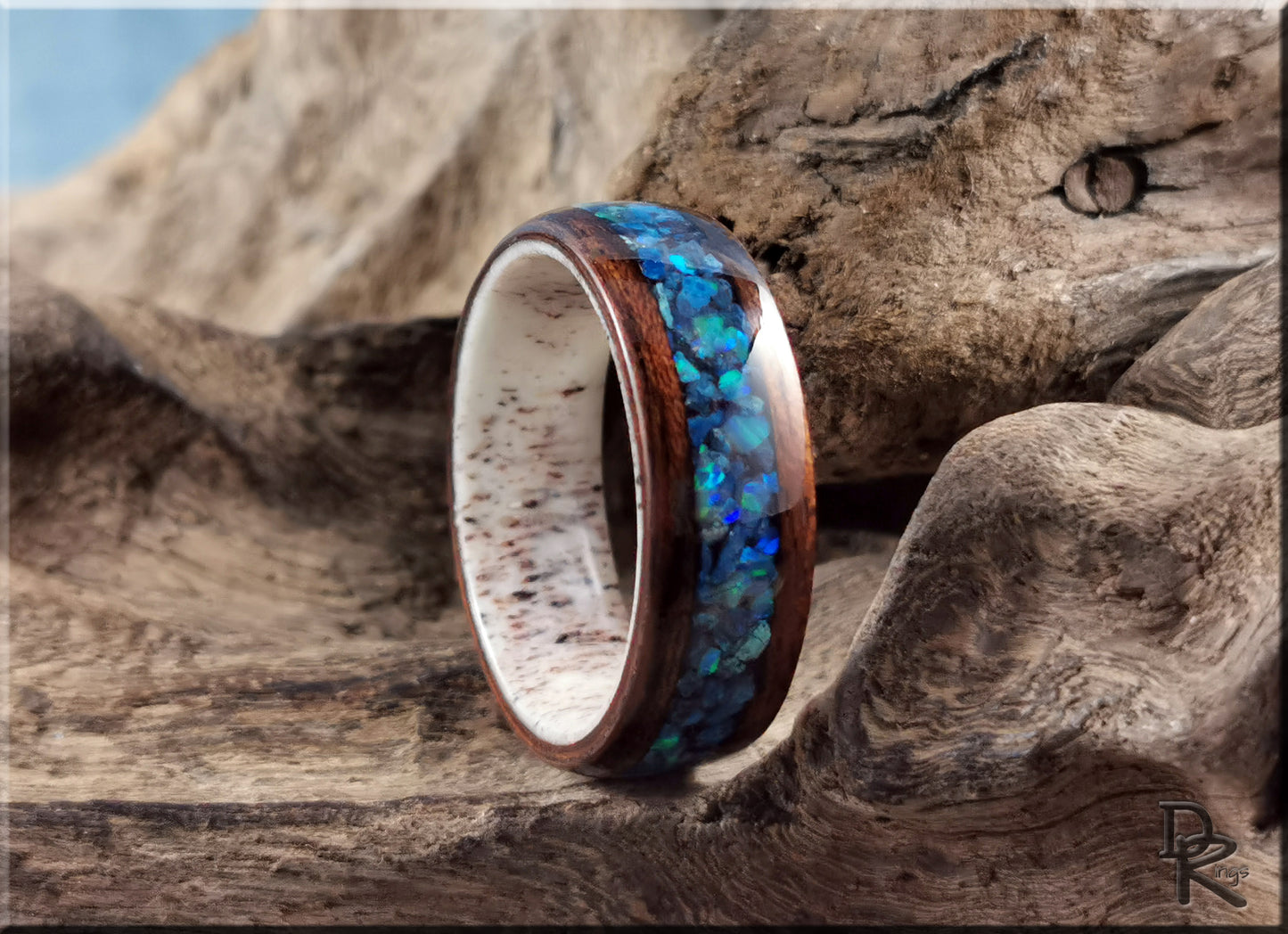 Bentwood Ring - Smoked Etimoe w/Shattuckite and Opal inlay on deer antler ring core - wood ring