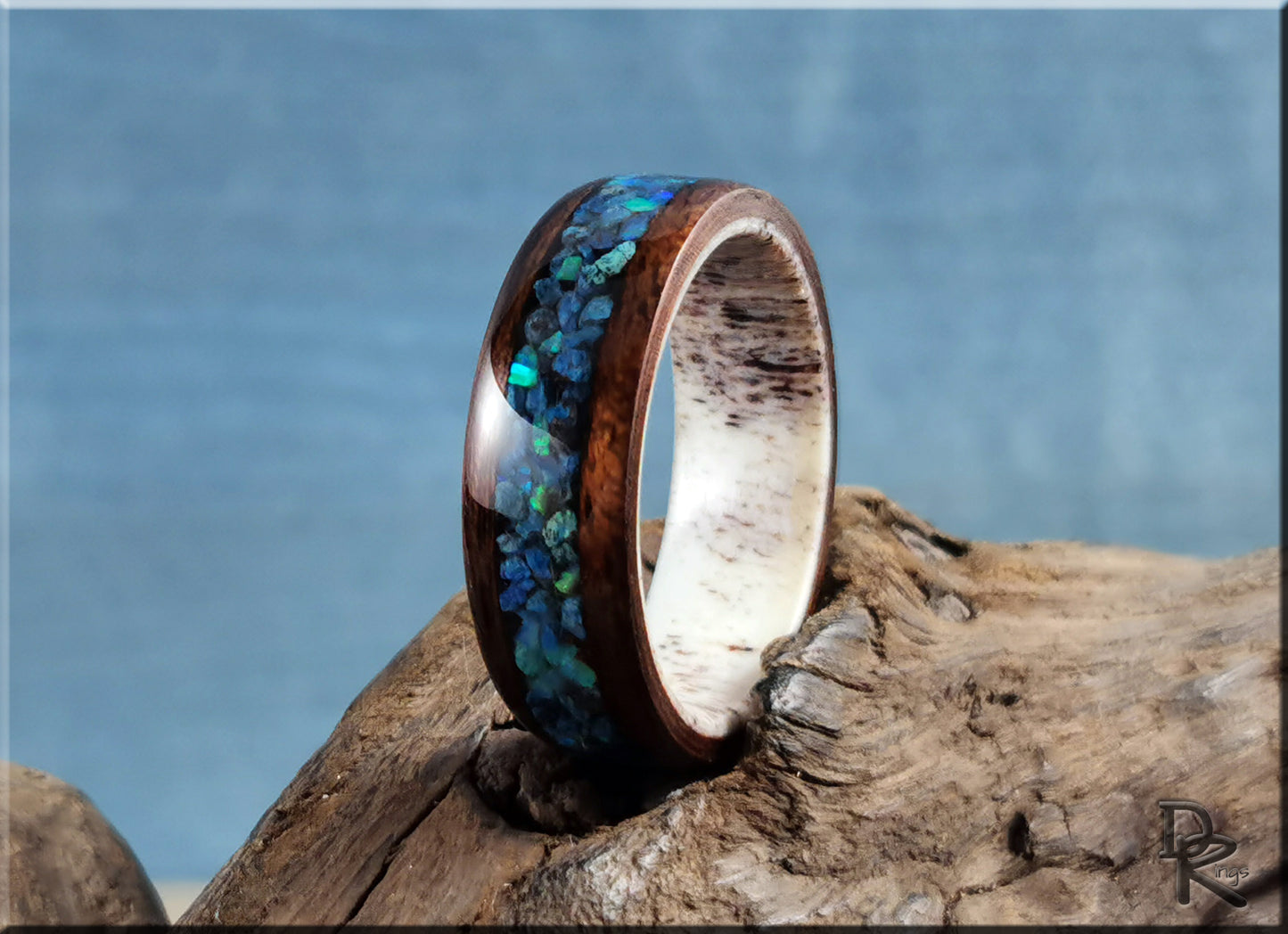 Bentwood Ring - Smoked Etimoe w/Shattuckite and Opal inlay on deer antler ring core - wood ring