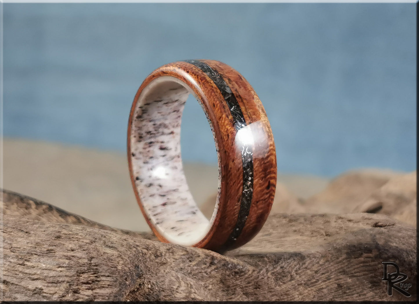 Bentwood Ring - Quartersawn Etimoe w/offset Glorieta Meteorite inlay, on deer antler core - wood ring