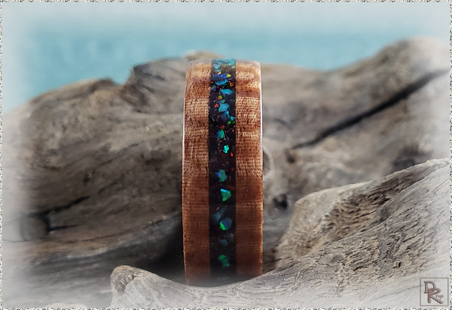 Bentwood Ring - Fiddleback Kotibe w/Opal inlay, on Kingwood core - wood ring