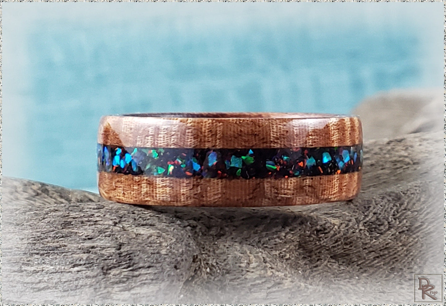 Bentwood Ring - Fiddleback Kotibe w/Opal inlay, on Kingwood core - wood ring
