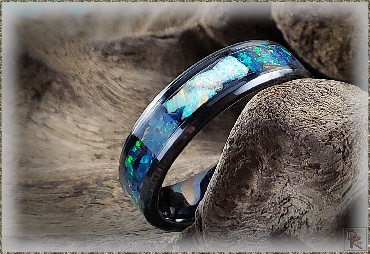 6mm Black Ceramic Channel Ring w/Black Emerald and Fire and Snow Opal chunk inlay - ceramic ring