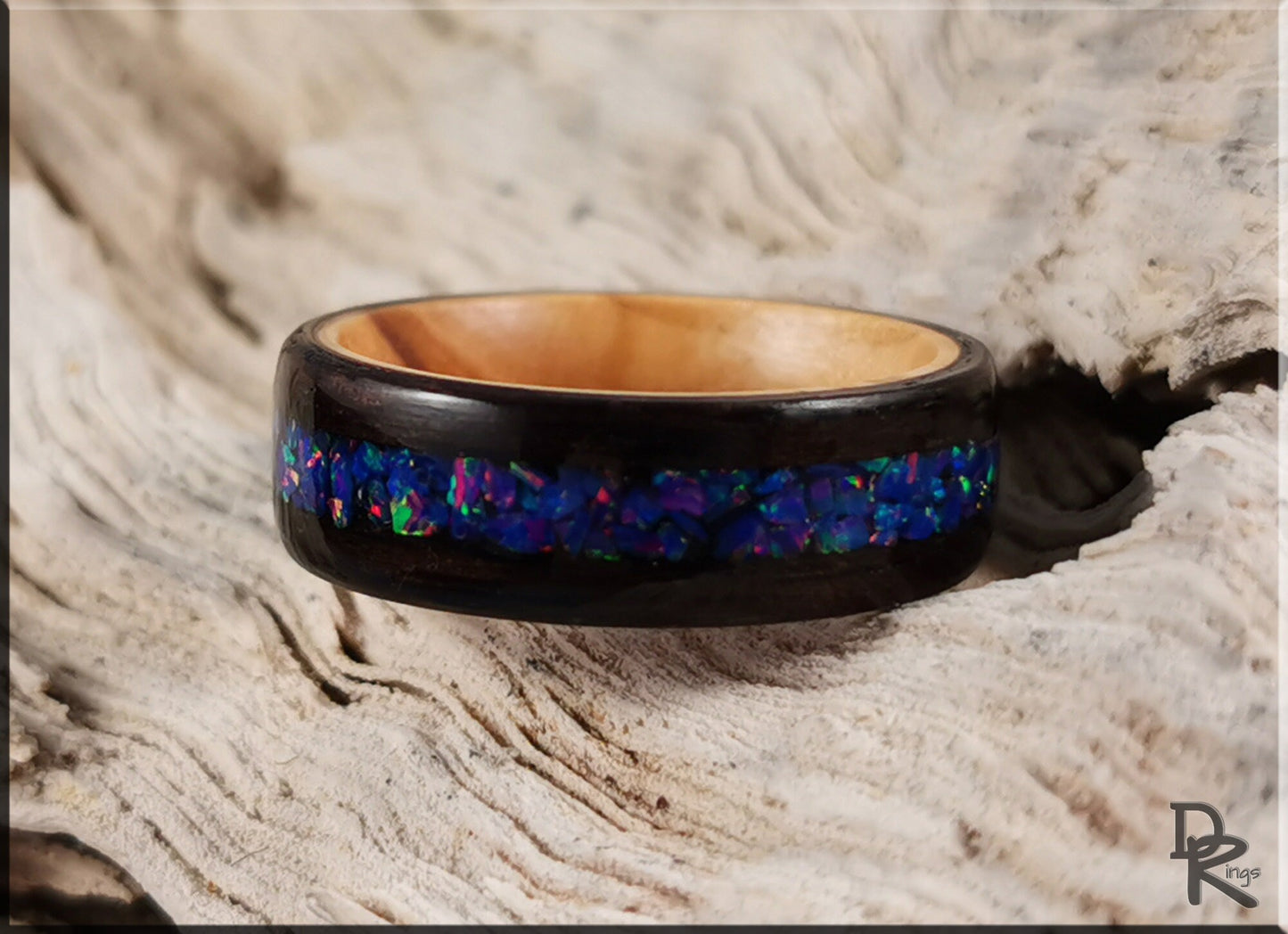 Bentwood Ring - Smoked Eucalyptus w/Starry Night Opal inlay, on Olivewood ring core - wood ring