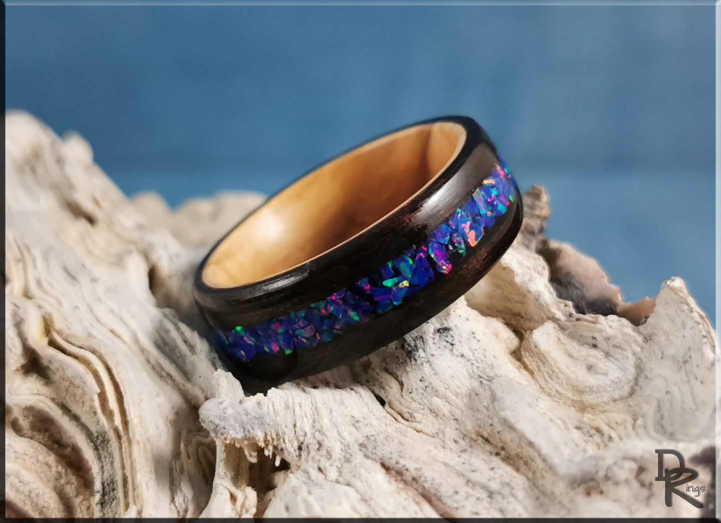 Bentwood Ring - Smoked Eucalyptus w/Starry Night Opal inlay, on Olivewood ring core - wood ring