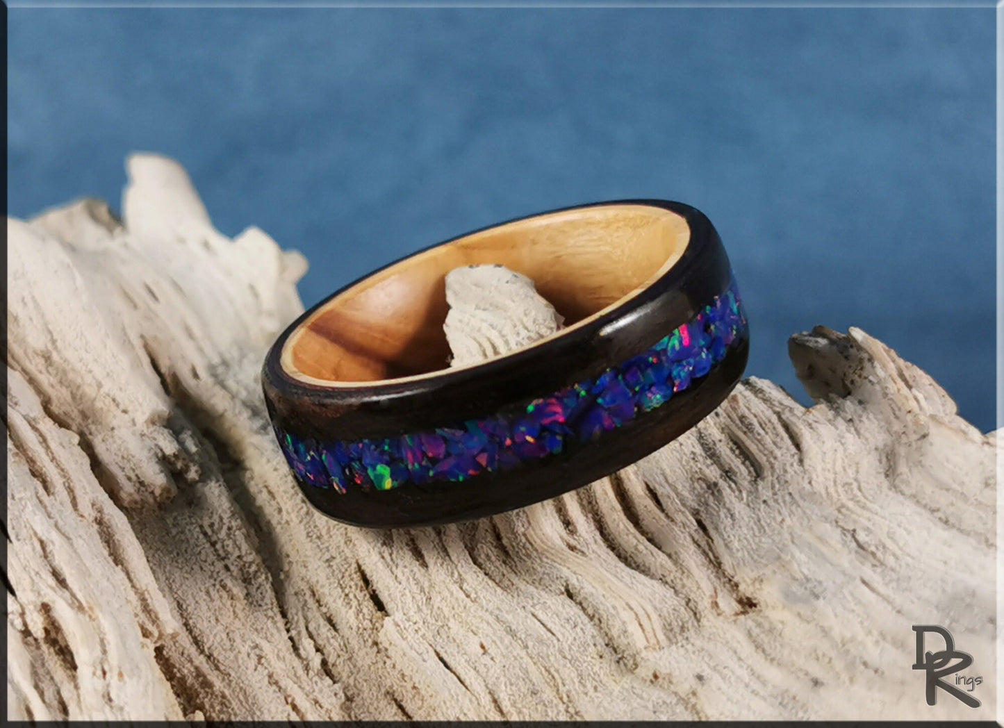 Bentwood Ring - Smoked Eucalyptus w/Starry Night Opal inlay, on Olivewood ring core - wood ring