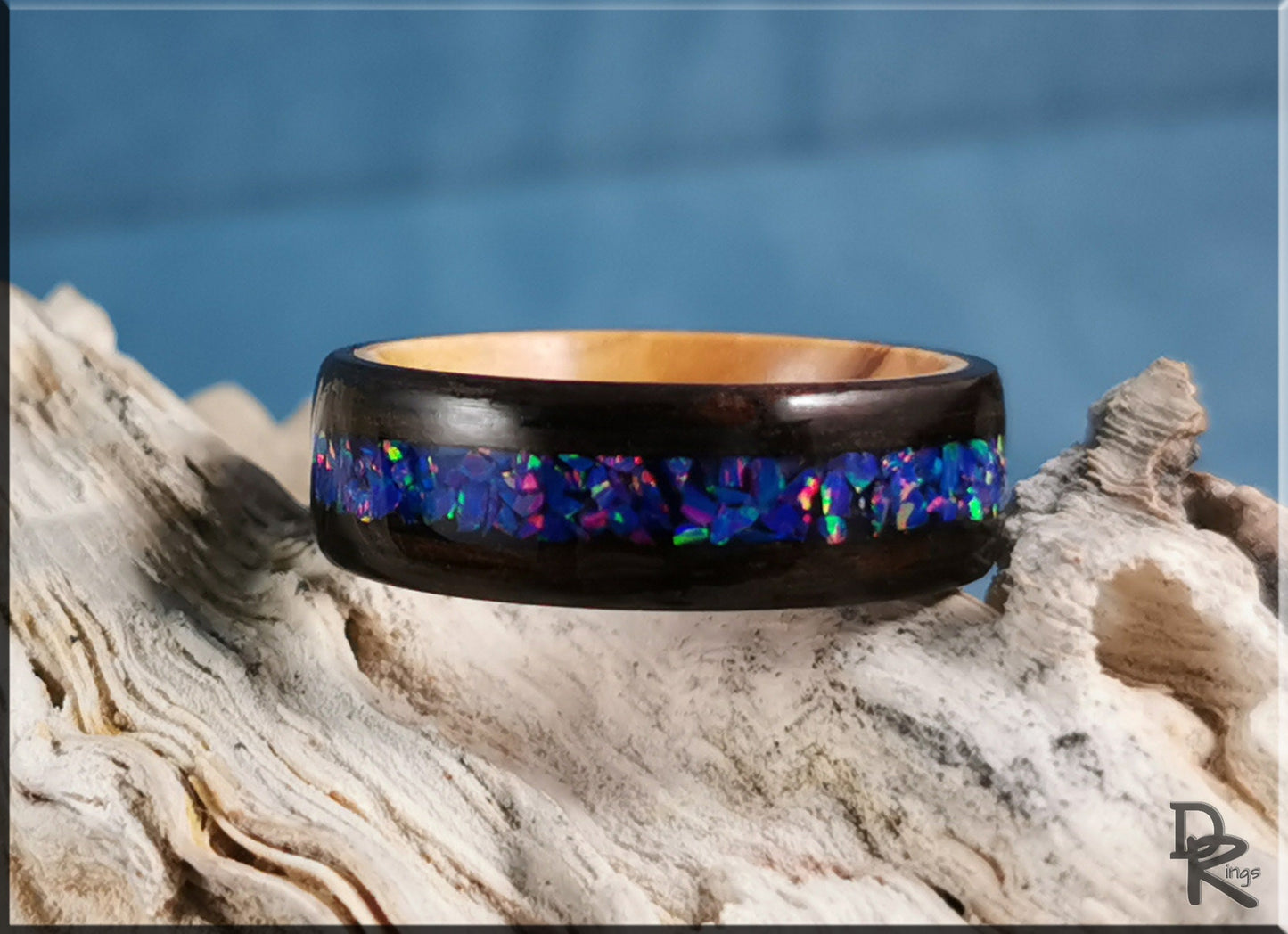 Bentwood Ring - Smoked Eucalyptus w/Starry Night Opal inlay, on Olivewood ring core - wood ring