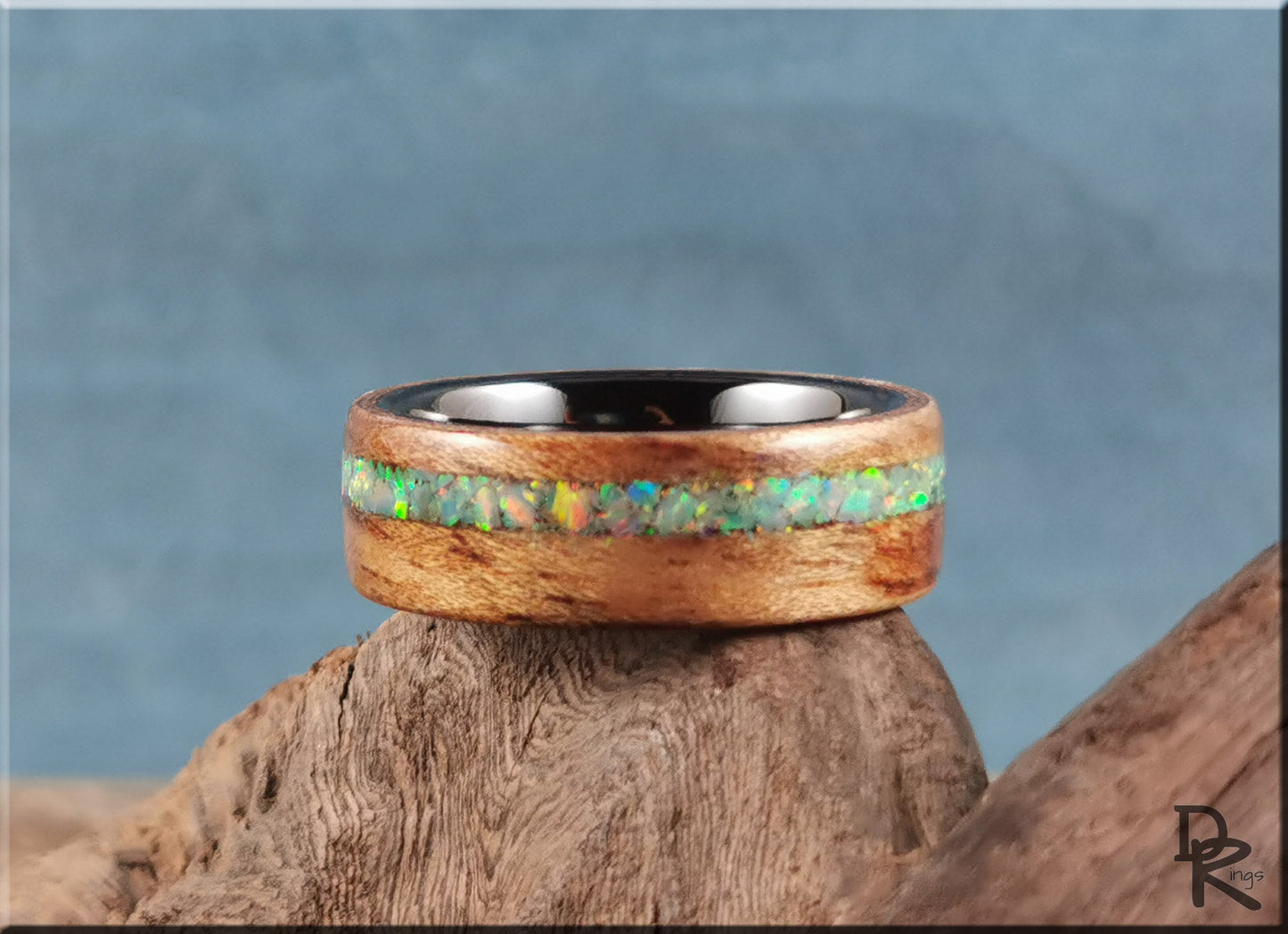 Bentwood Ring - Tiger Etimoe w/offset Opal inlay, on polished black ceramic ring core - wood ring