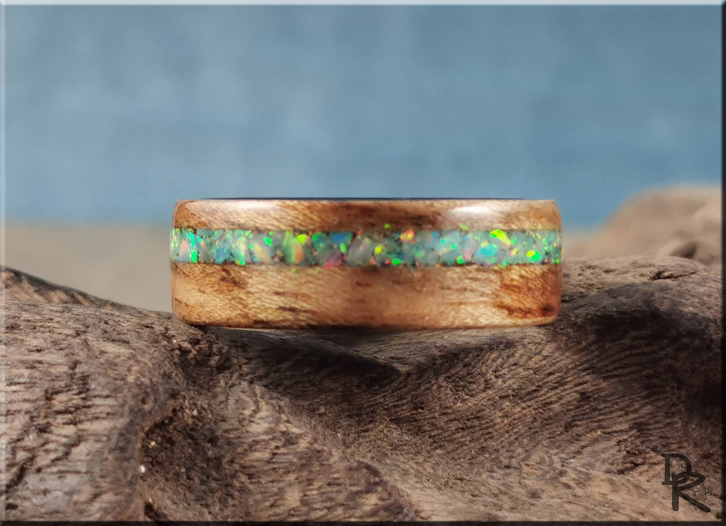 Bentwood Ring - Tiger Etimoe w/offset Opal inlay, on polished black ceramic ring core - wood ring