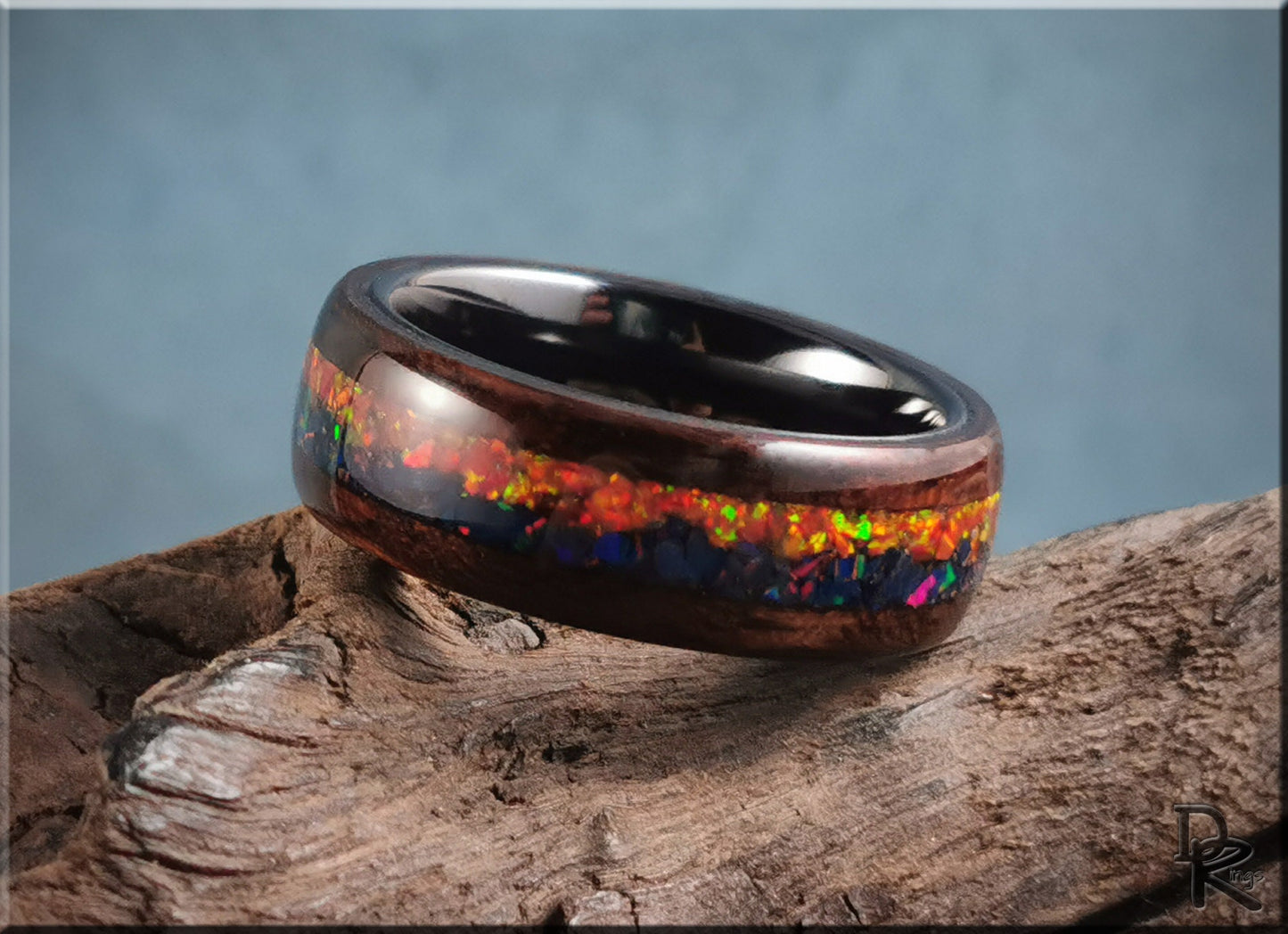Bentwood Ring 'Indigo Sunset' - Smoked Etimoe w/Dual Opal inlay, on polished black ceramic ring core - wood ring