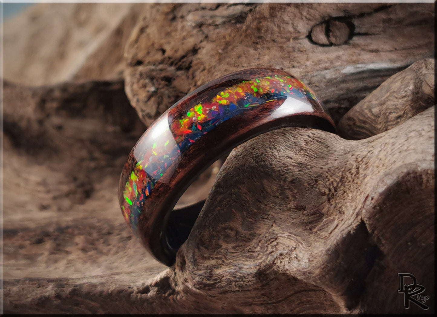 Bentwood Ring 'Indigo Sunset' - Smoked Etimoe w/Dual Opal inlay, on polished black ceramic ring core - wood ring