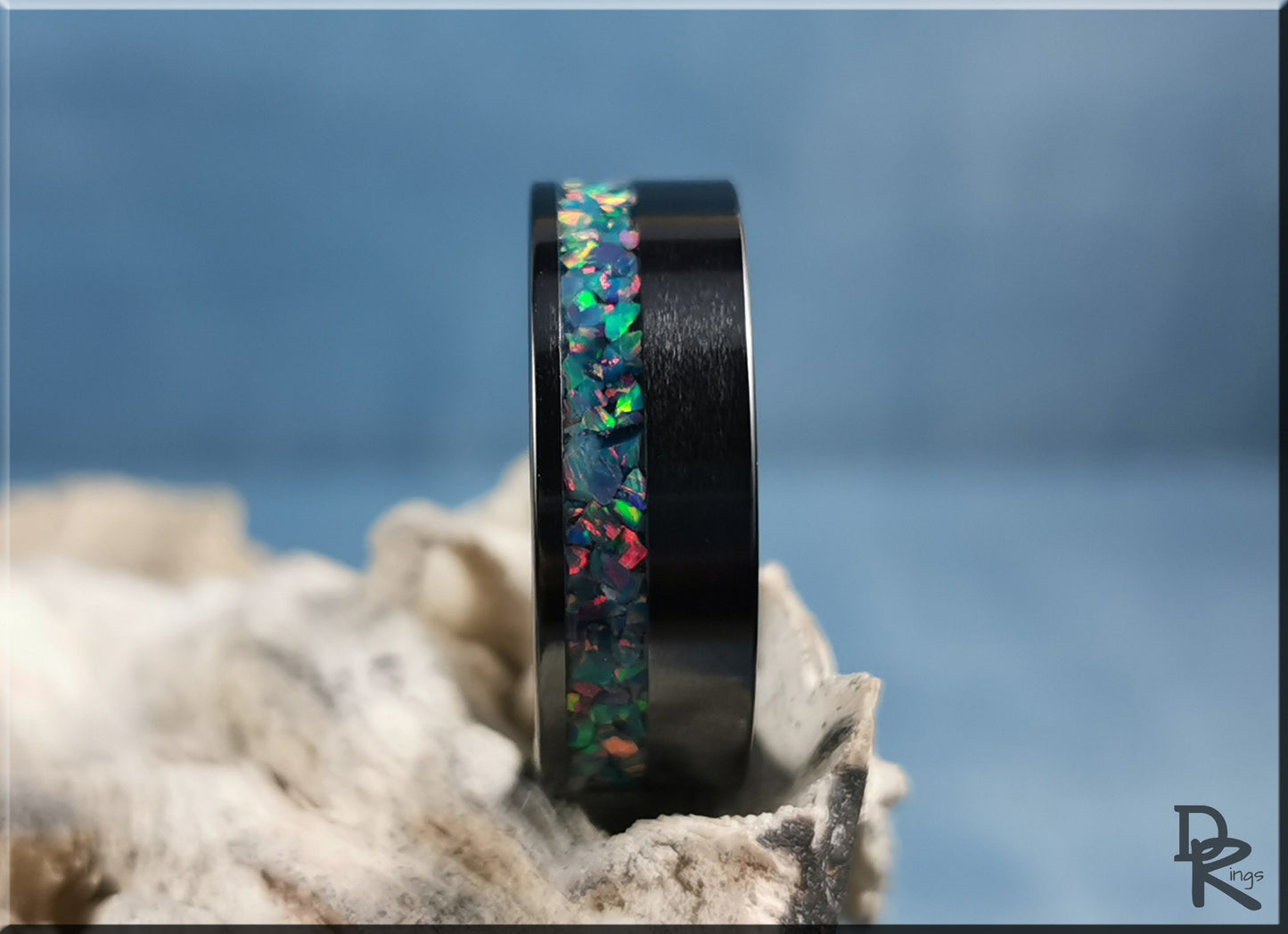 Black Ceramic 8mm Offset Channel Ring w/Opal inlay - ceramic ring