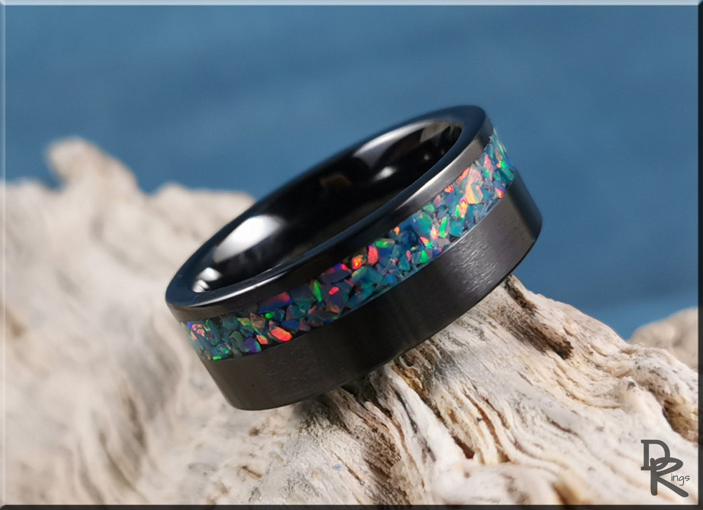 Black Ceramic 8mm Offset Channel Ring w/Opal inlay - ceramic ring