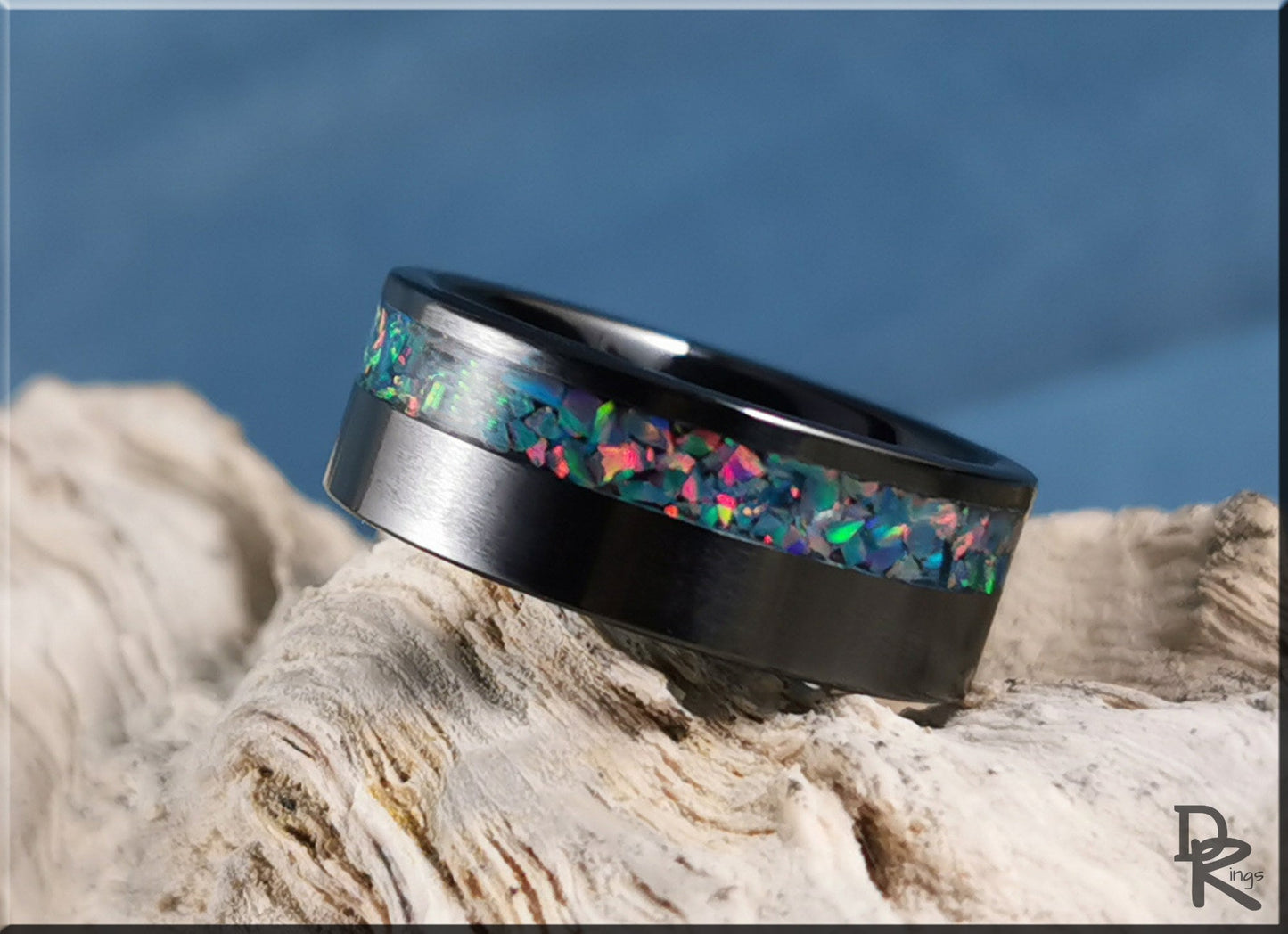 Black Ceramic 8mm Offset Channel Ring w/Opal inlay - ceramic ring
