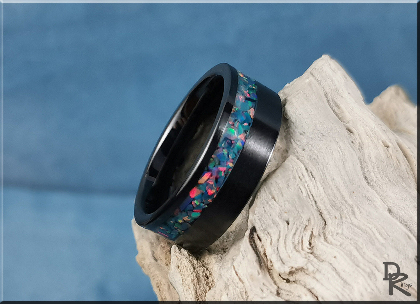 Black Ceramic 8mm Offset Channel Ring w/Opal inlay - ceramic ring