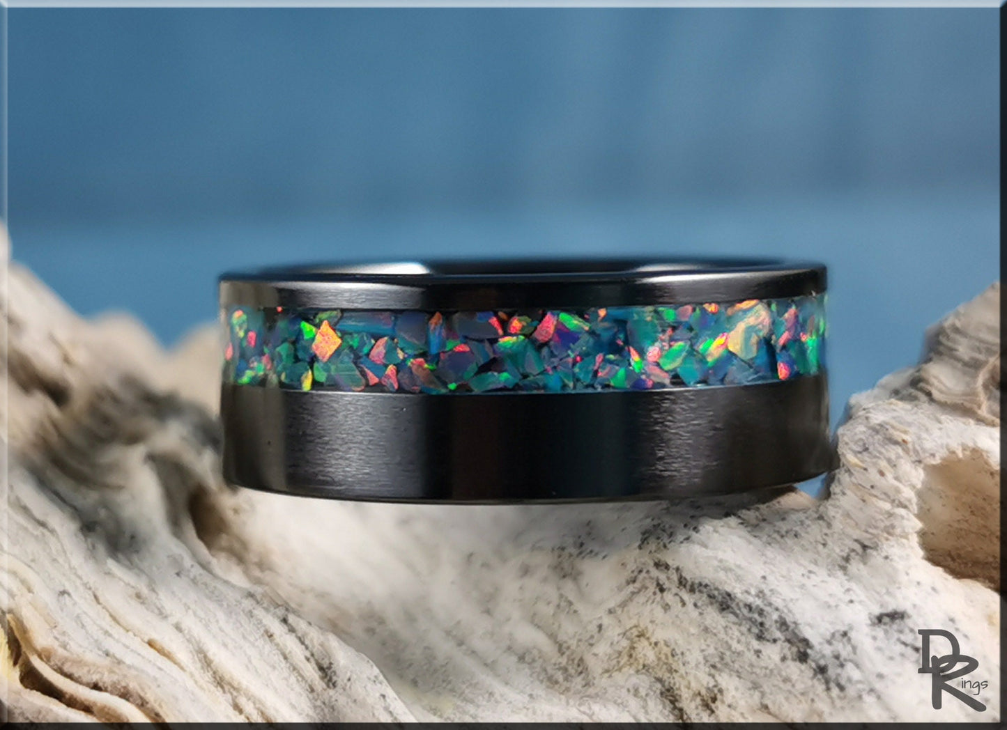 Black Ceramic 8mm Offset Channel Ring w/Opal inlay - ceramic ring