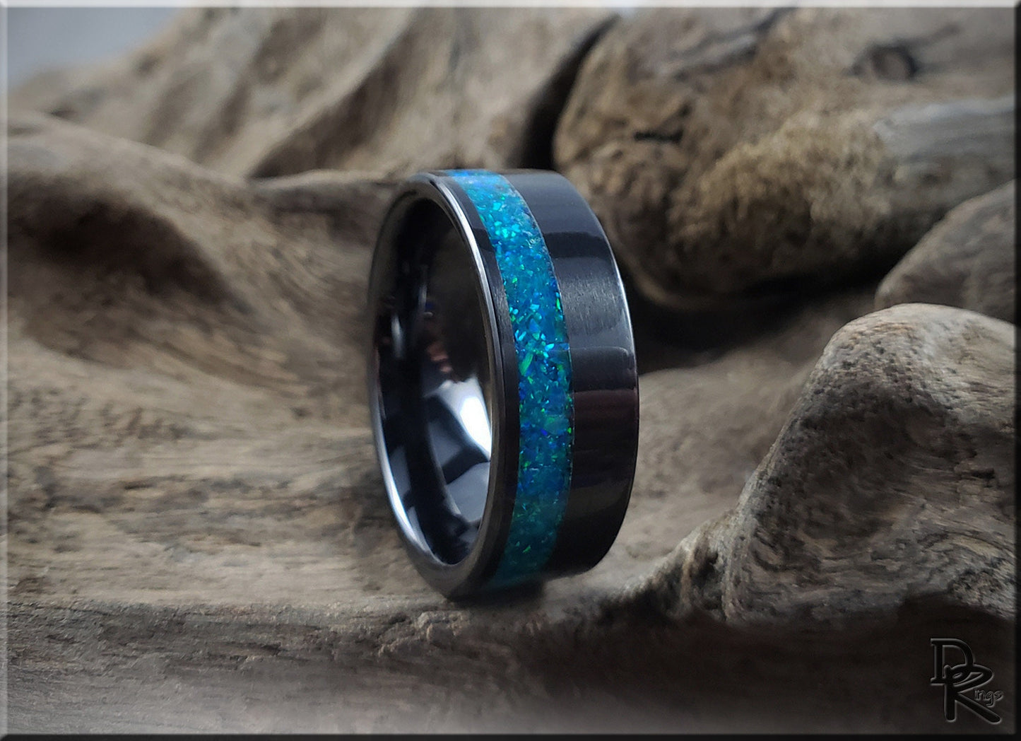 Black Ceramic 8mm Offset Channel Ring w/Opal inlay - ceramic ring