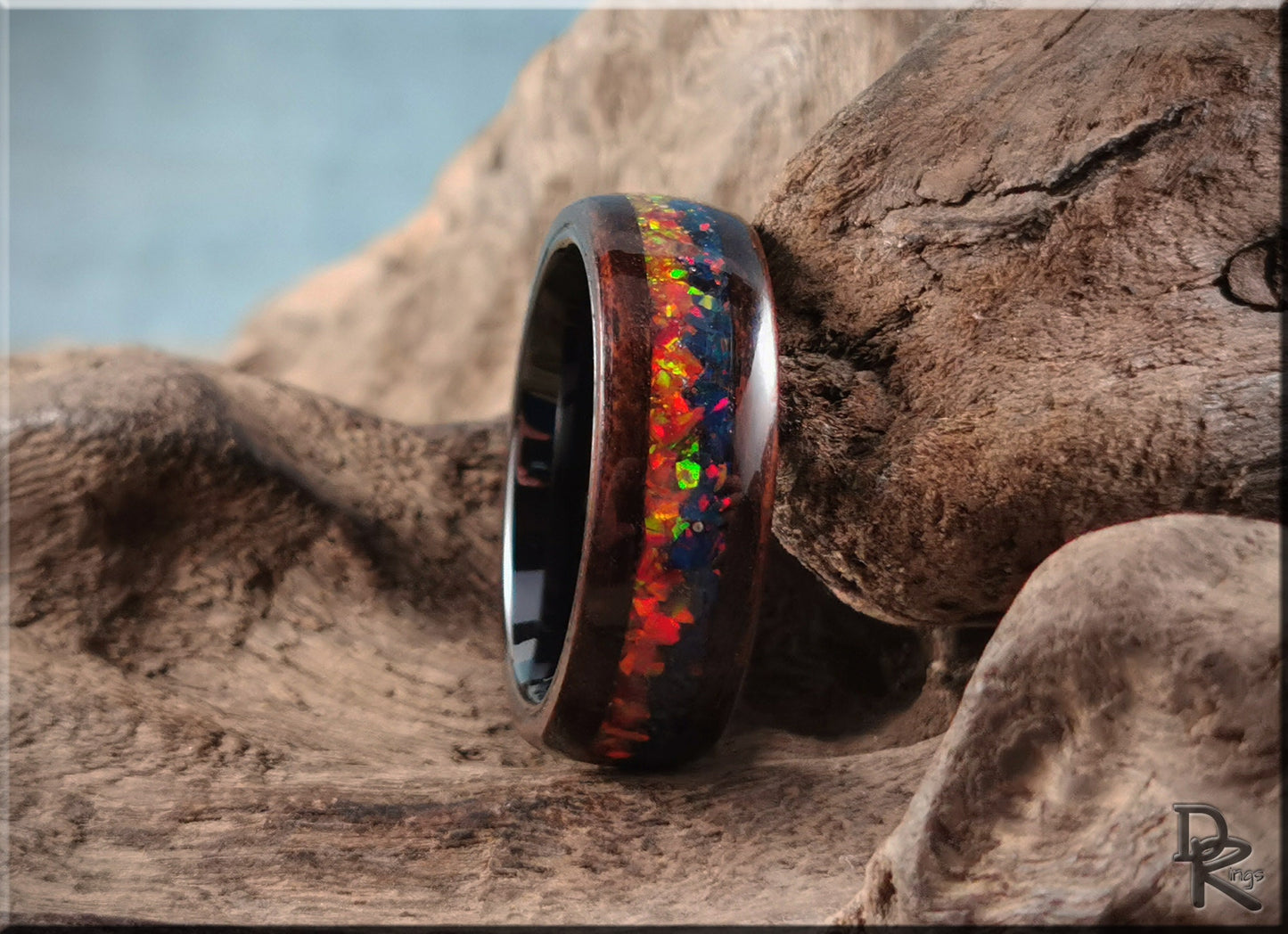 Bentwood Ring 'Indigo Sunset' - Smoked Etimoe w/Dual Opal inlay, on polished black ceramic ring core - wood ring