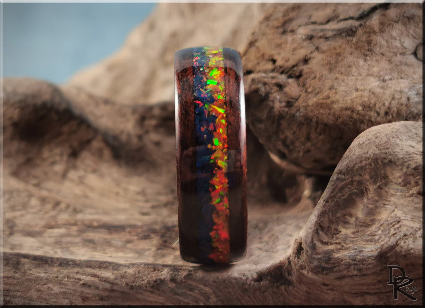 Bentwood Ring 'Indigo Sunset' - Smoked Etimoe w/Dual Opal inlay, on polished black ceramic ring core - wood ring