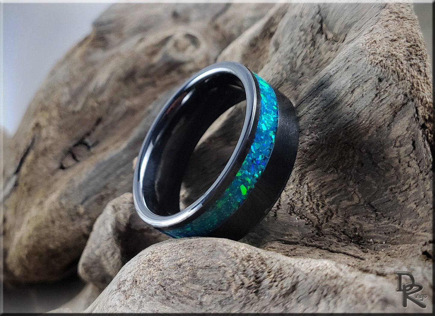 Black Ceramic 8mm Offset Channel Ring w/Opal inlay - ceramic ring