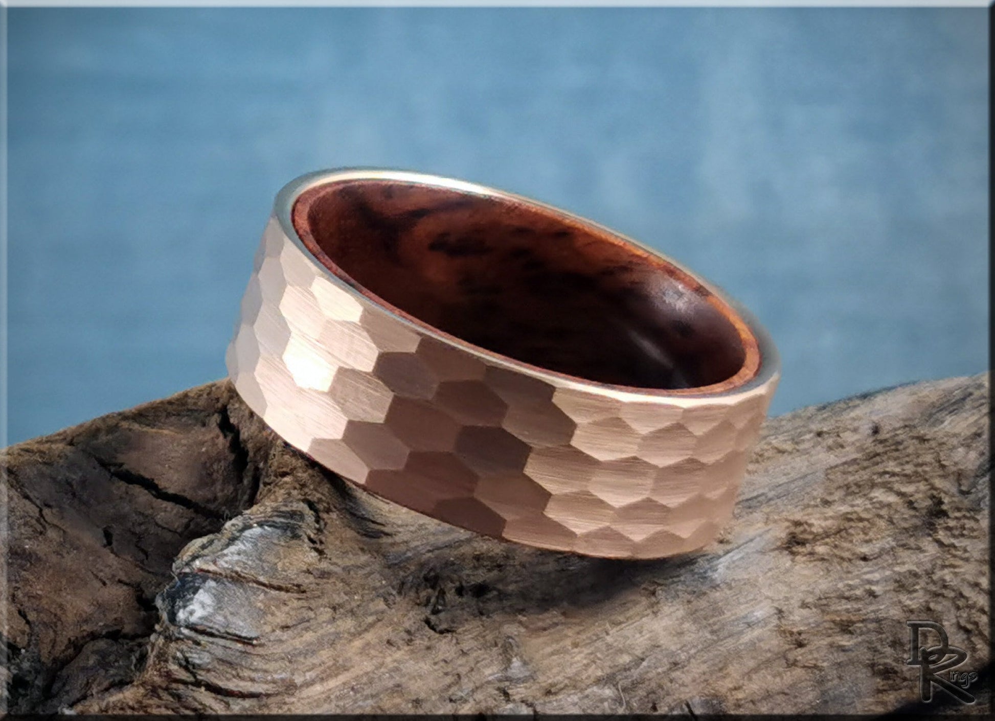 Hammered Rose Gold 8mm Tungsten Carbide Ring w/Ironwood inner core - wood and metal ring