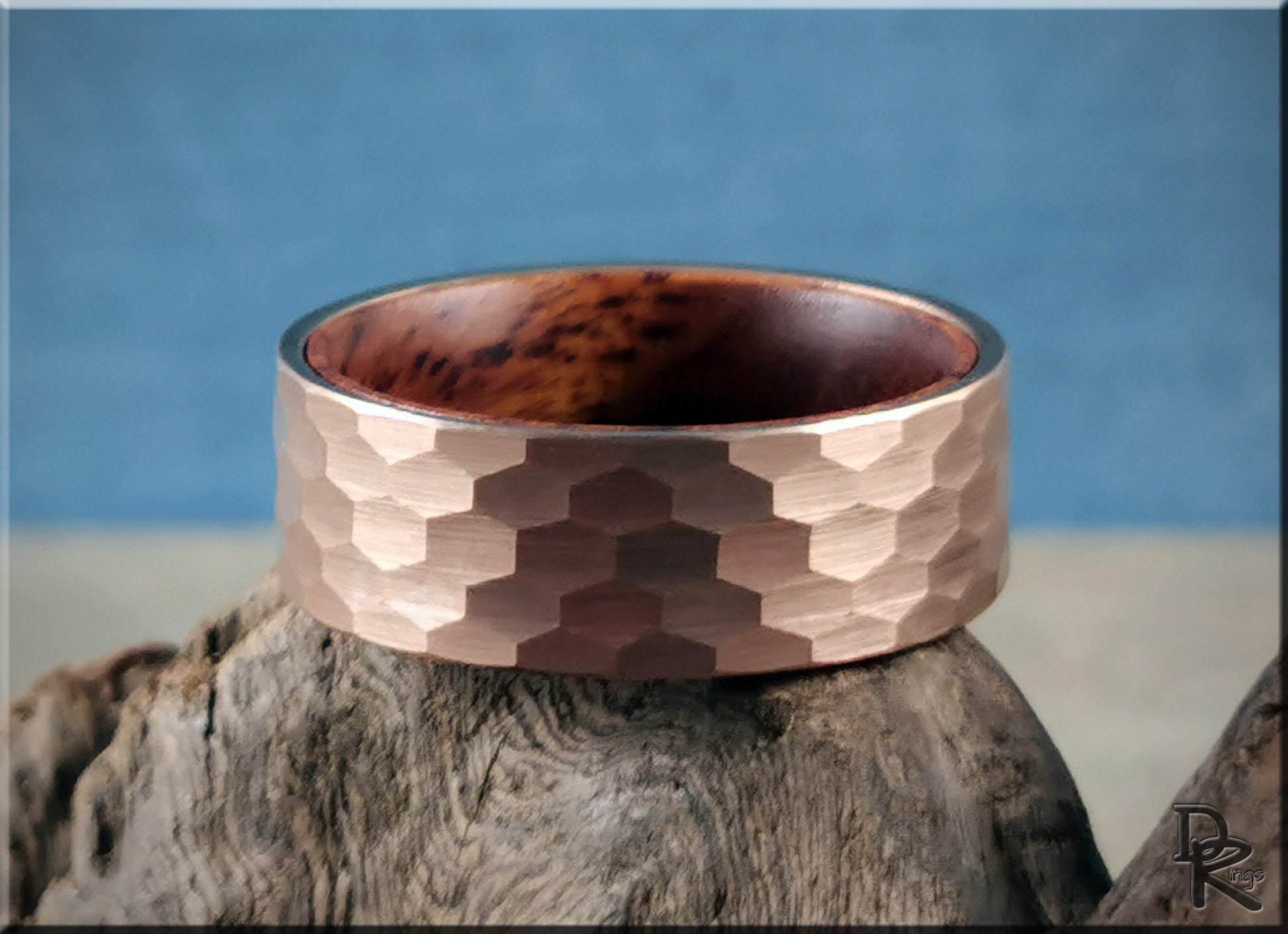 Hammered Rose Gold 8mm Tungsten Carbide Ring w/Ironwood inner core - wood and metal ring