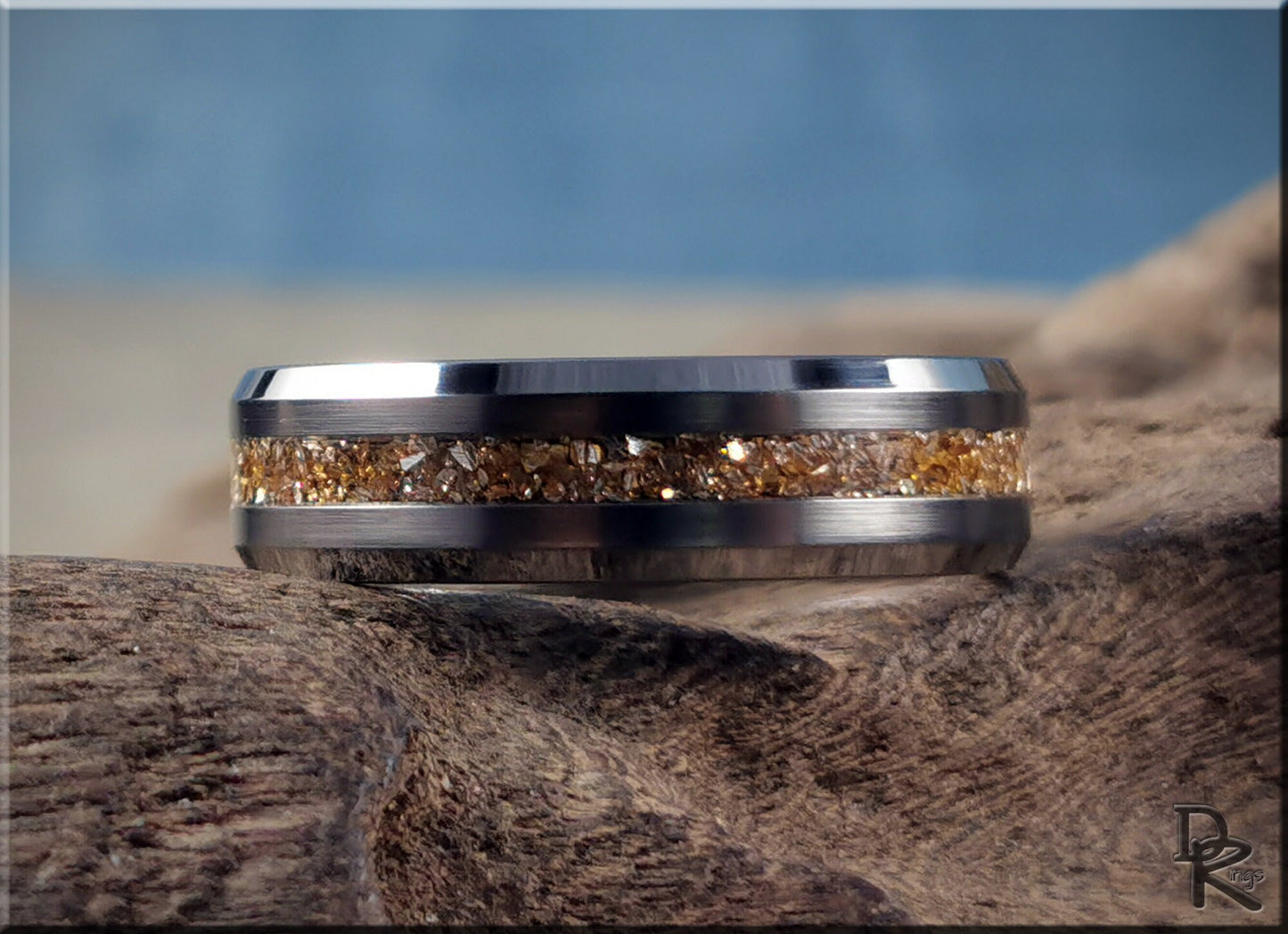 Thin Line Tungsten Carbide Channel Ring w/14 Carat Gold German Glass inlay - metal ring