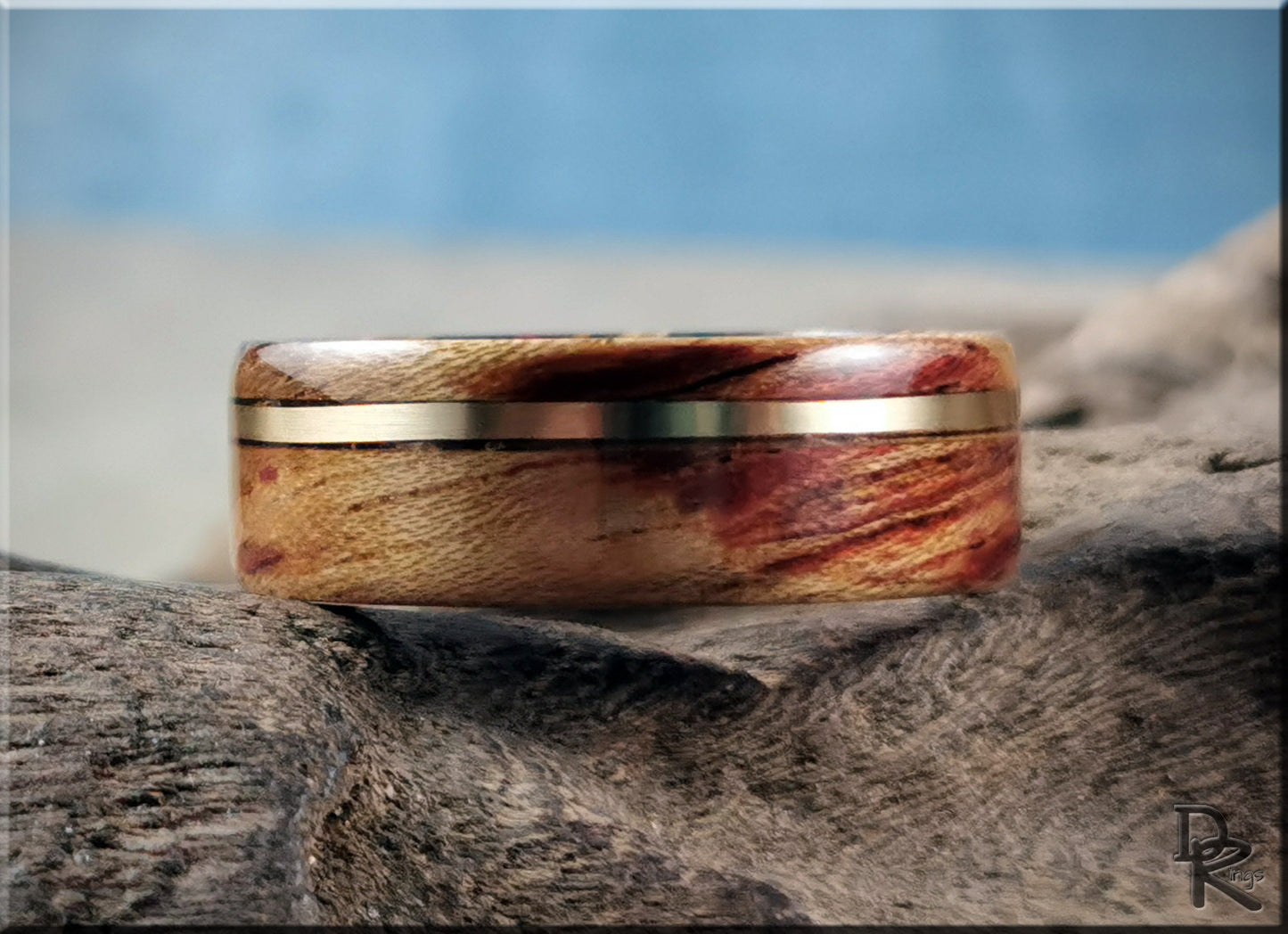 Bentwood Ring - Tiger Etimoe w/offset Bronze inlay on multi-colour wood ring core - wood ring