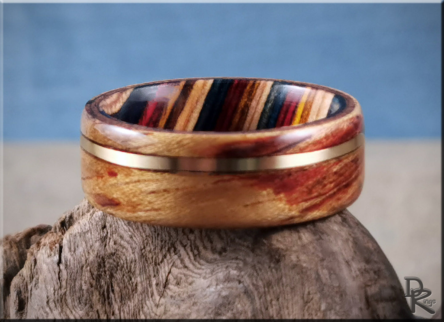 Bentwood Ring - Tiger Etimoe w/offset Bronze inlay on multi-colour wood ring core - wood ring