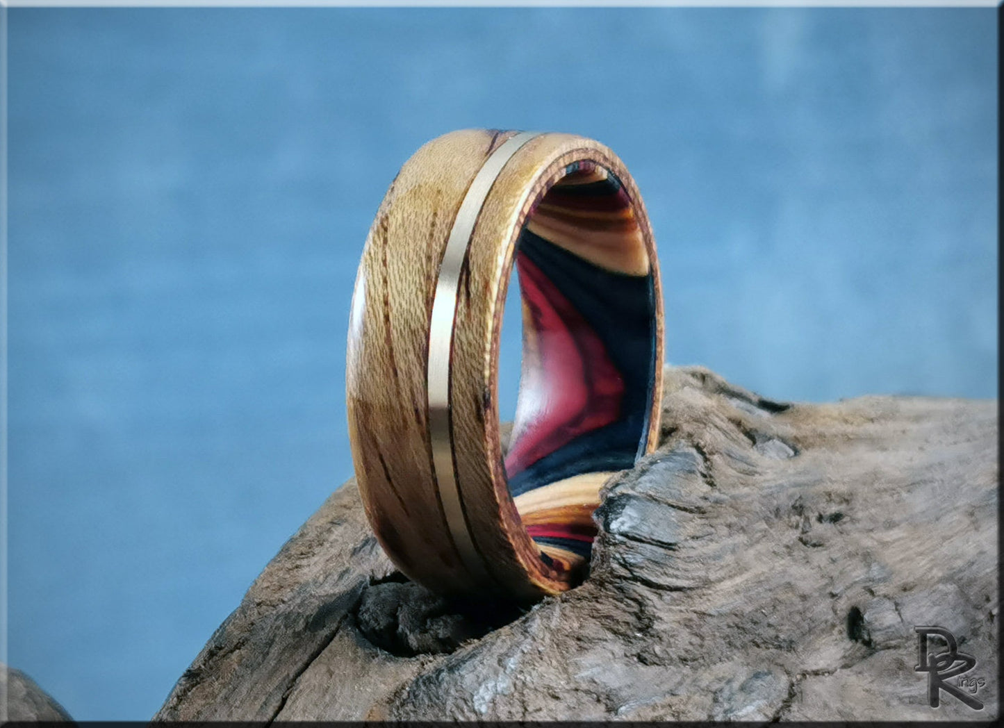 Bentwood Ring - Tiger Etimoe w/offset Bronze inlay on multi-colour wood ring core - wood ring