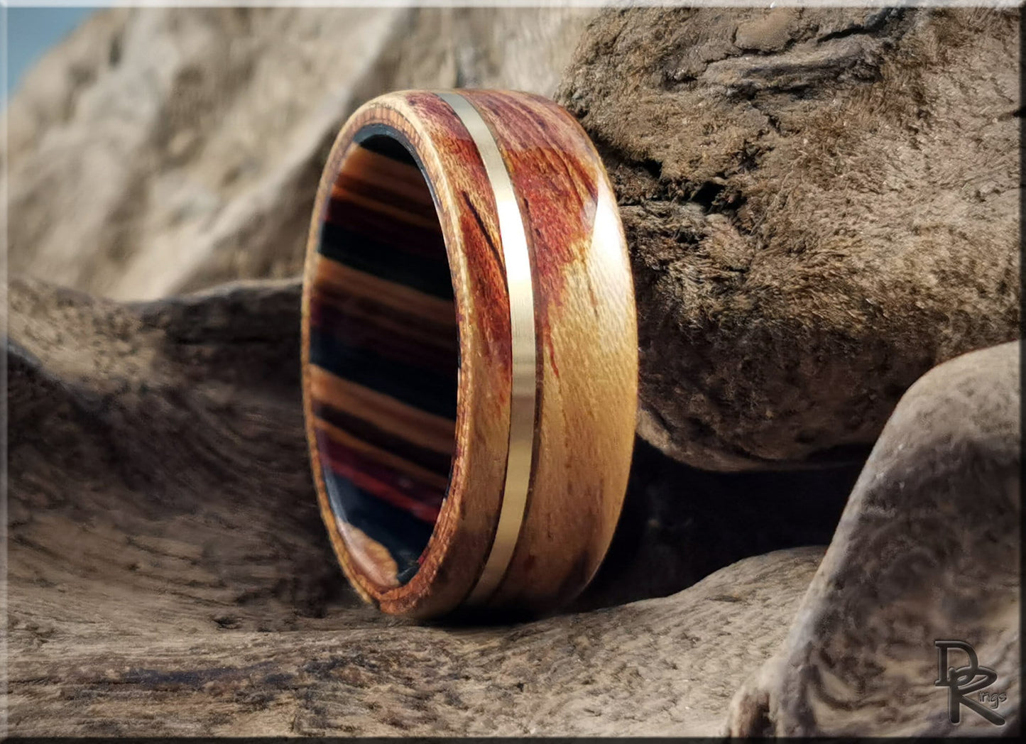 Bentwood Ring - Tiger Etimoe w/offset Bronze inlay on multi-colour wood ring core - wood ring