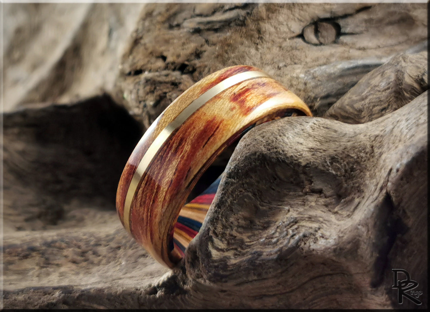 Bentwood Ring - Tiger Etimoe w/offset Bronze inlay on multi-colour wood ring core - wood ring