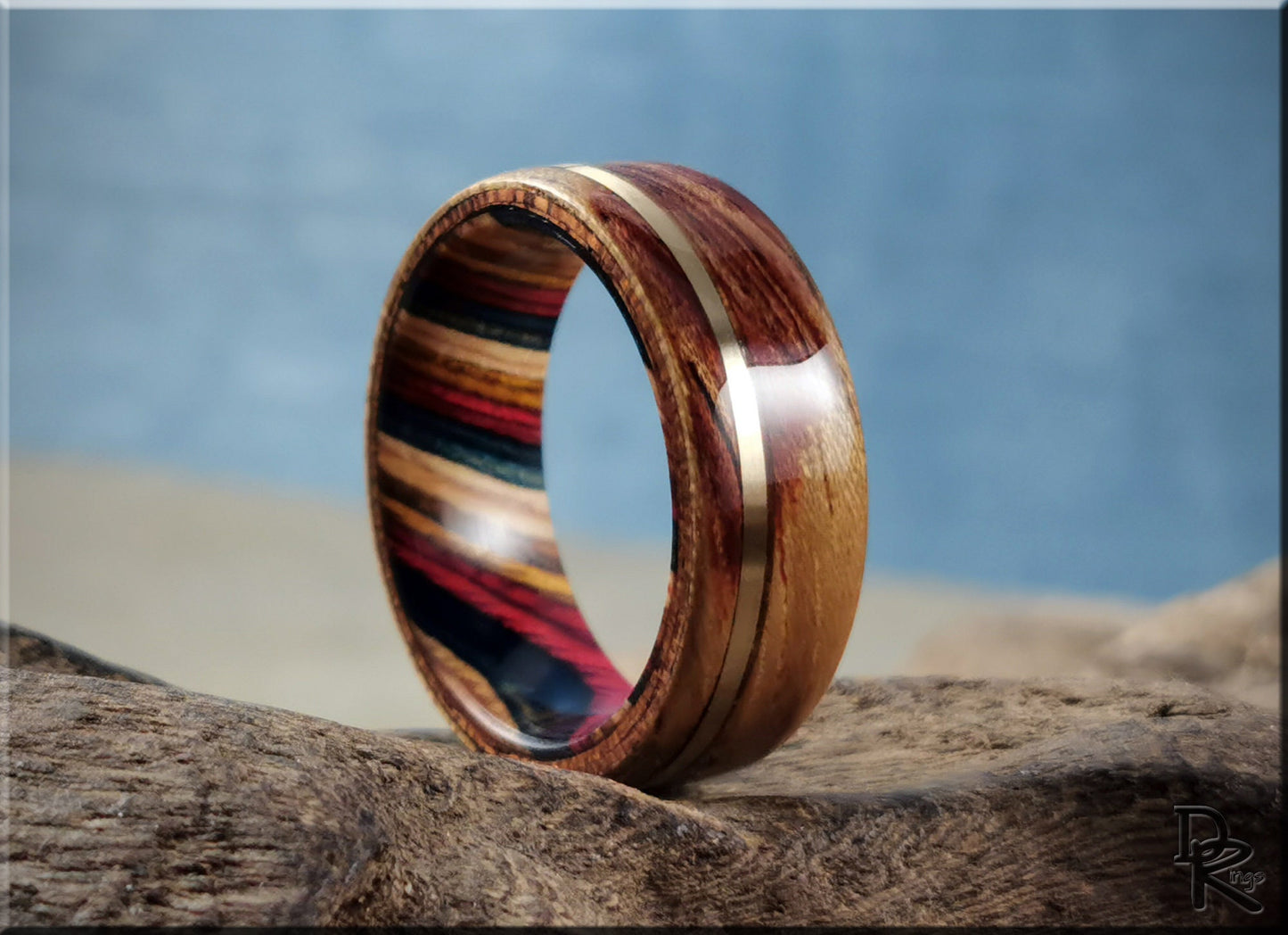 Bentwood Ring - Tiger Etimoe w/offset Bronze inlay on multi-colour wood ring core - wood ring