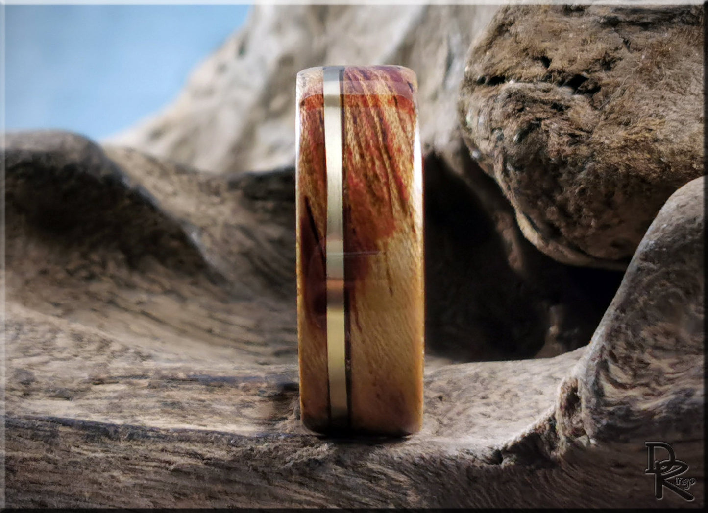 Bentwood Ring - Tiger Etimoe w/offset Bronze inlay on multi-colour wood ring core - wood ring