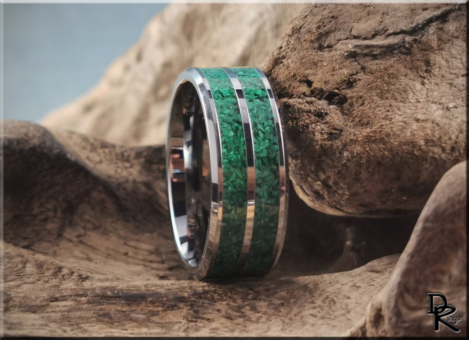 Tungsten Carbide 8mm Ring with dual Green Malachite Stone inlays - metal ring