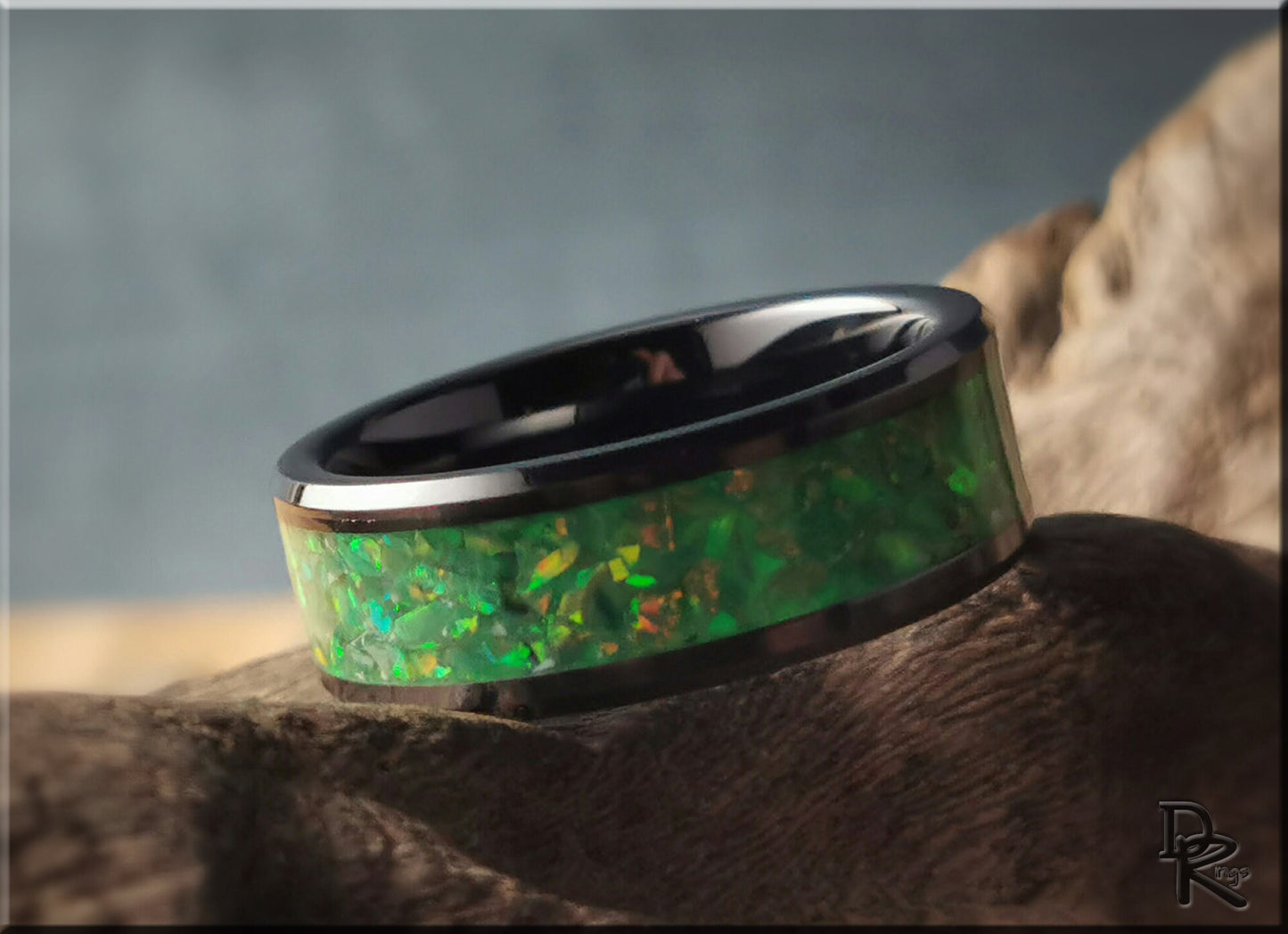 Black Ceramic Channel Ring w/Opal and Glow inlay - ceramic ring
