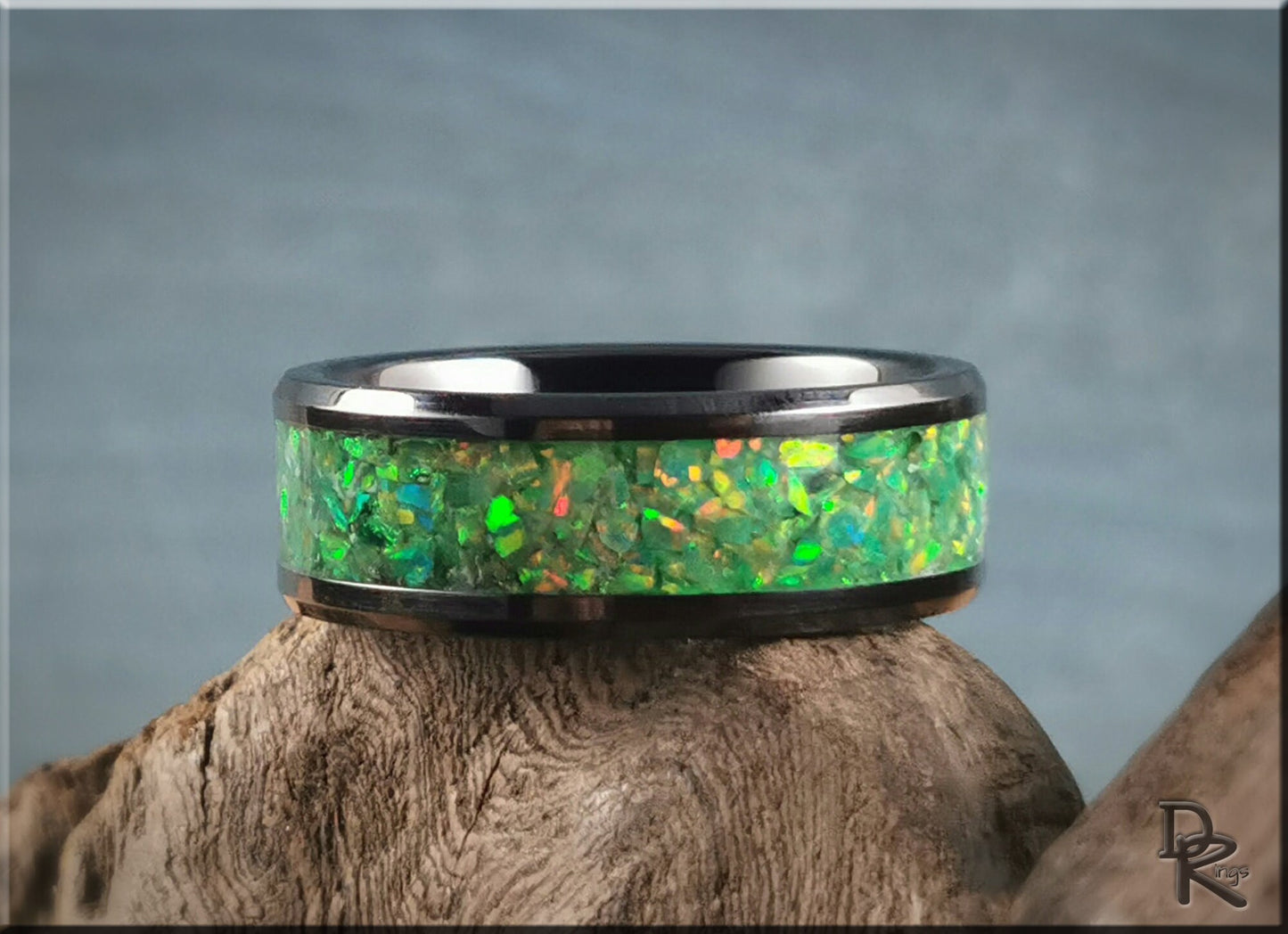 Black Ceramic Channel Ring w/Opal and Glow inlay - ceramic ring