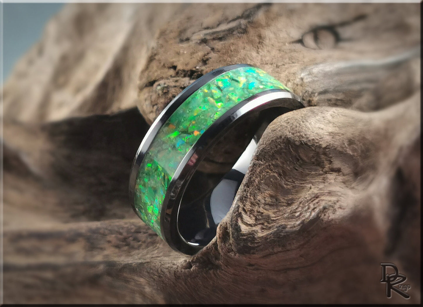 Black Ceramic Channel Ring w/Opal and Glow inlay - ceramic ring