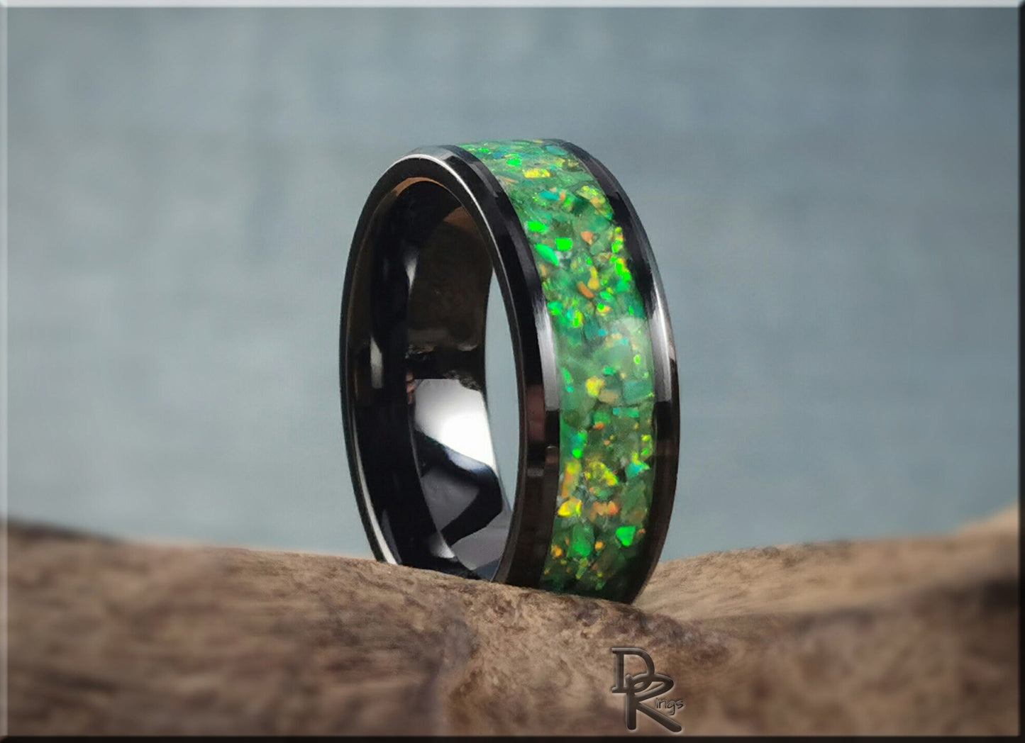 Black Ceramic Channel Ring w/Opal and Glow inlay - ceramic ring