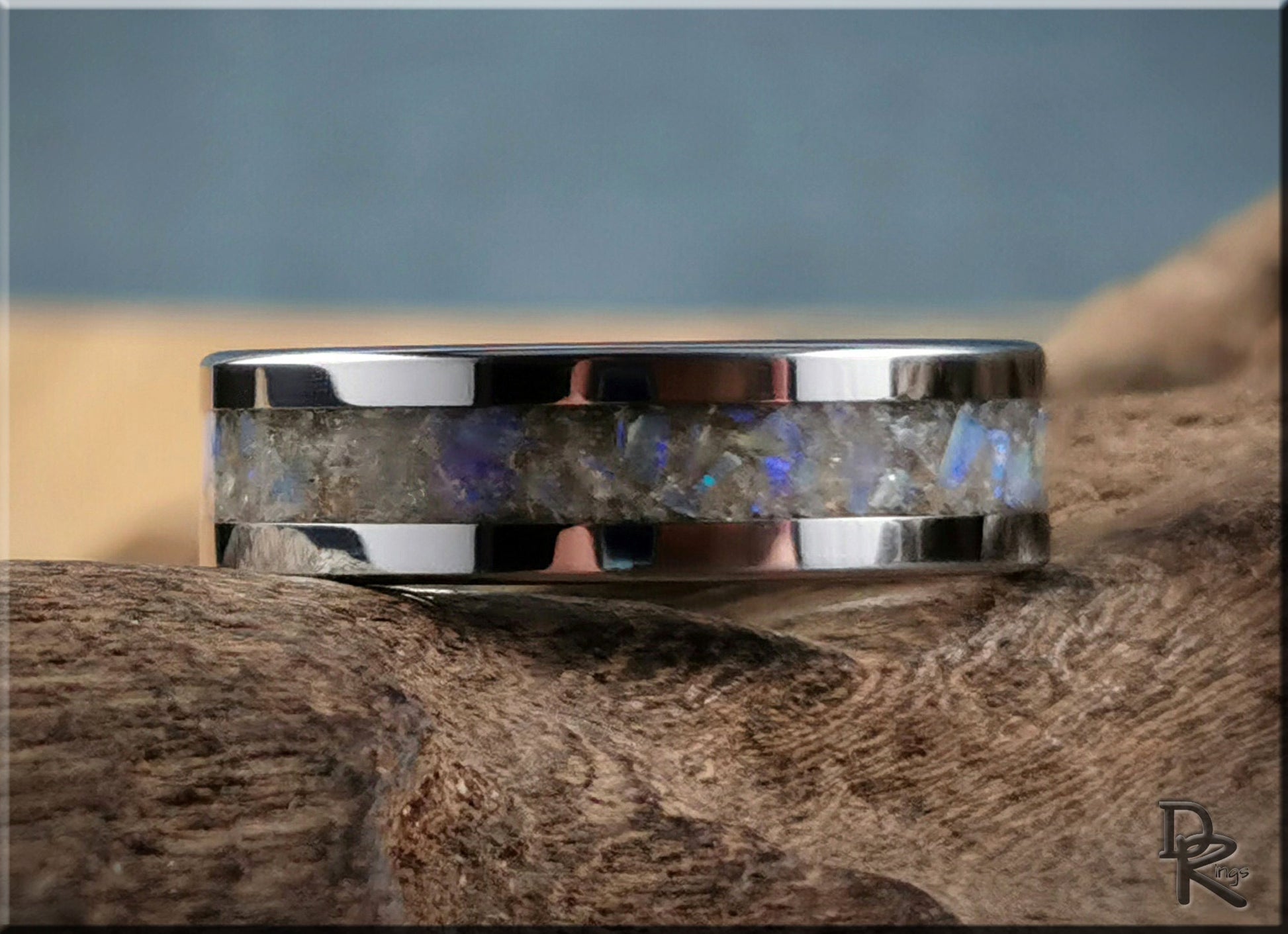 Flat Edge Tungsten Carbide Channel Ring w/White Aventurine and Coober Pedy Opal inlay - metal ring
