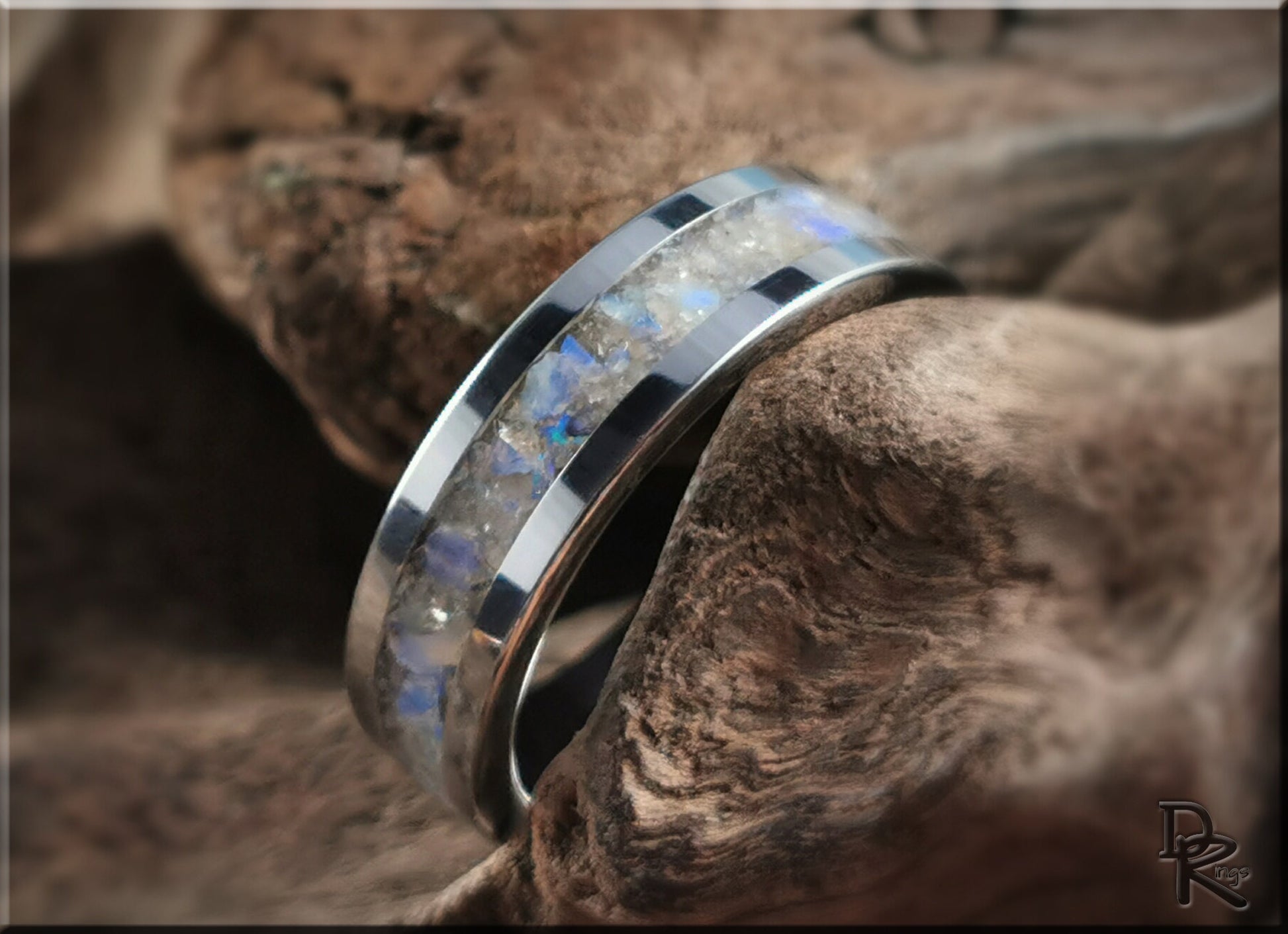 Flat Edge Tungsten Carbide Channel Ring w/White Aventurine and Coober Pedy Opal inlay - metal ring
