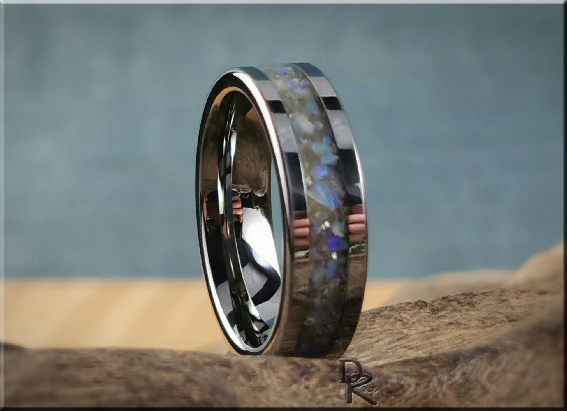Flat Edge Tungsten Carbide Channel Ring w/White Aventurine and Coober Pedy Opal inlay - metal ring