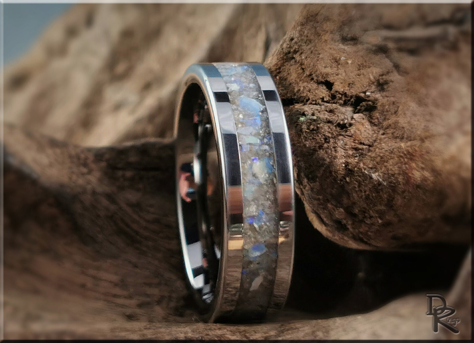 Flat Edge Tungsten Carbide Channel Ring w/White Aventurine and Coober Pedy Opal inlay - metal ring