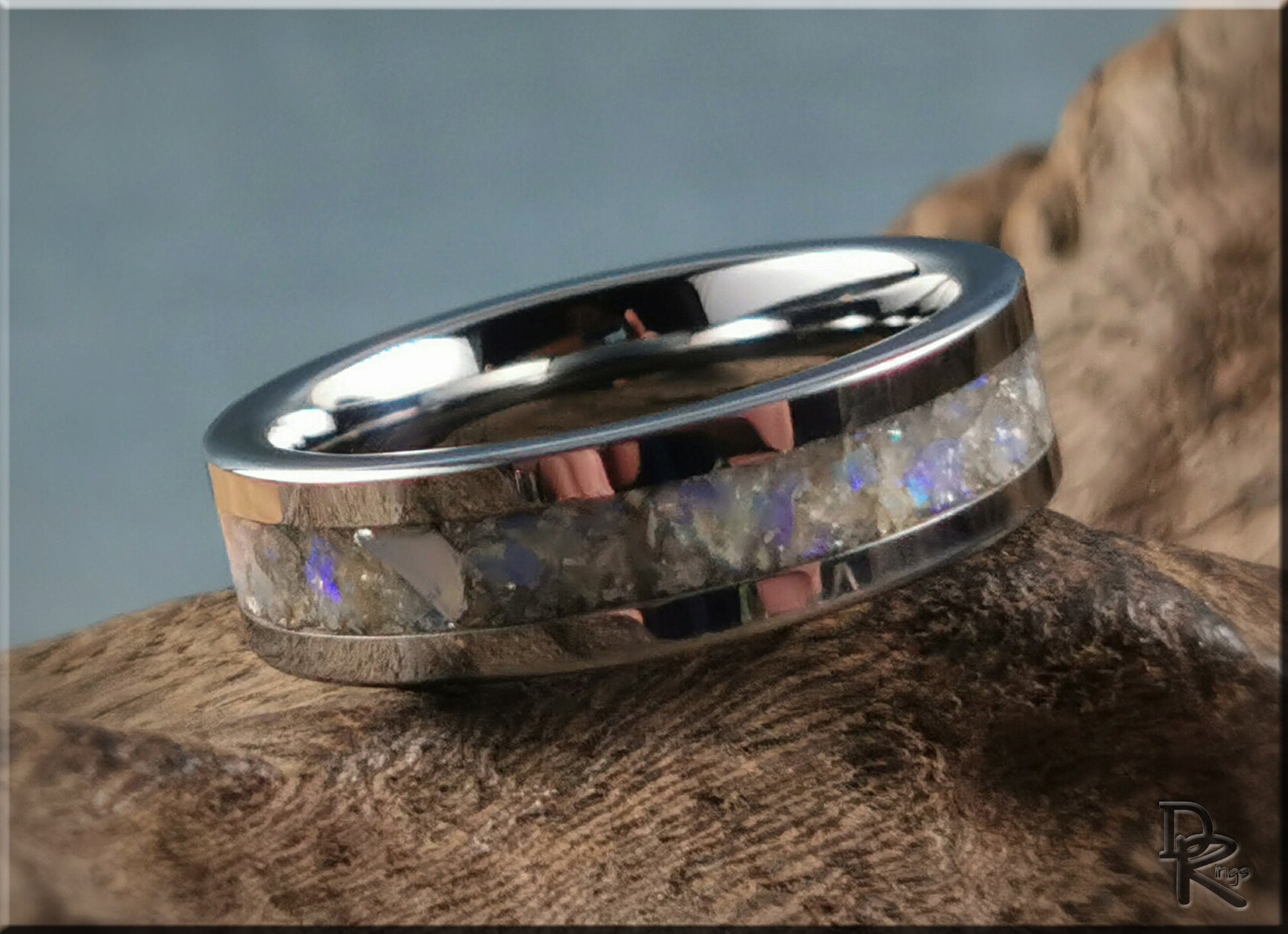 Flat Edge Tungsten Carbide Channel Ring w/White Aventurine and Coober Pedy Opal inlay - metal ring